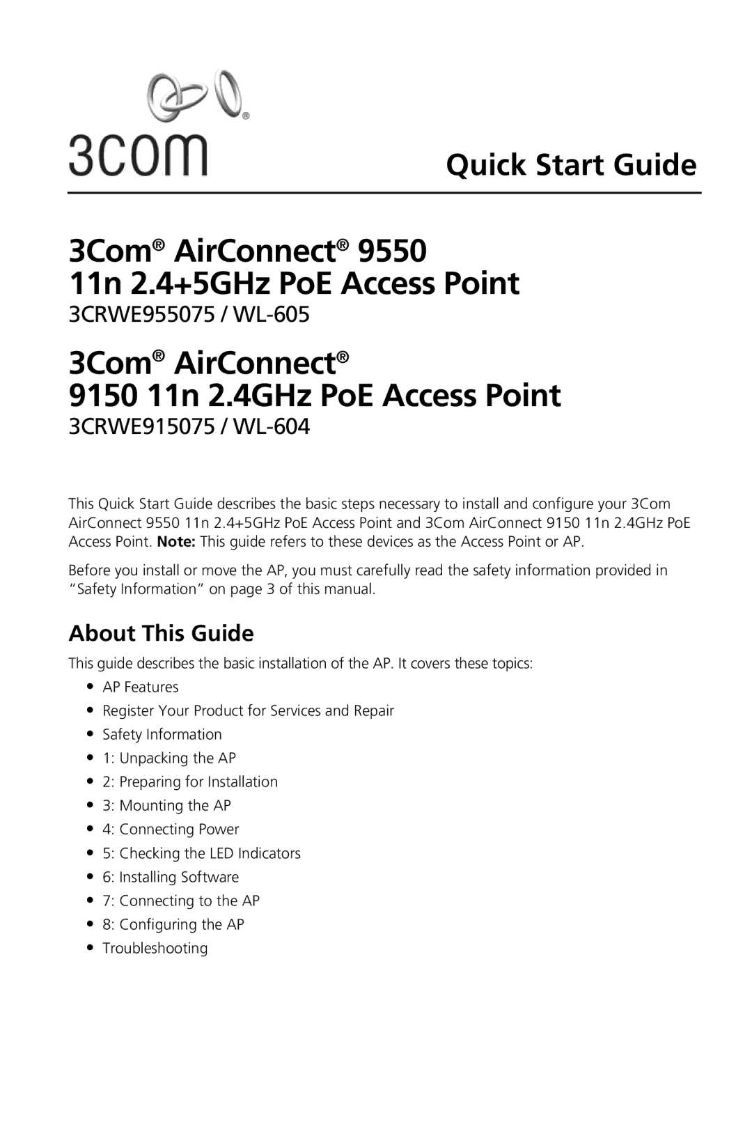 3Com Model WL-604, Model WL-605 manual 3Com AirConnect 9150 11n 2.4GHz PoE Access Point, About This Guide 