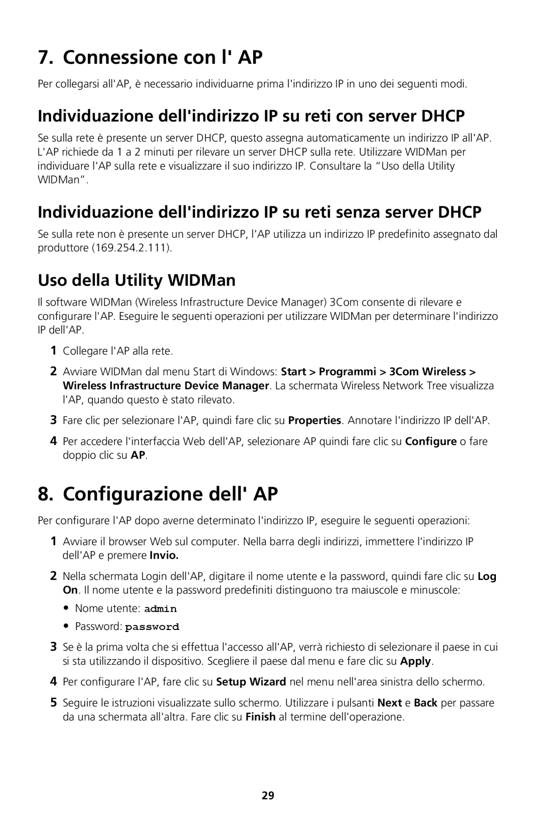 3Com Model WL-604 Connessione con l AP, Configurazione dell AP, Individuazione dellindirizzo IP su reti con server Dhcp 