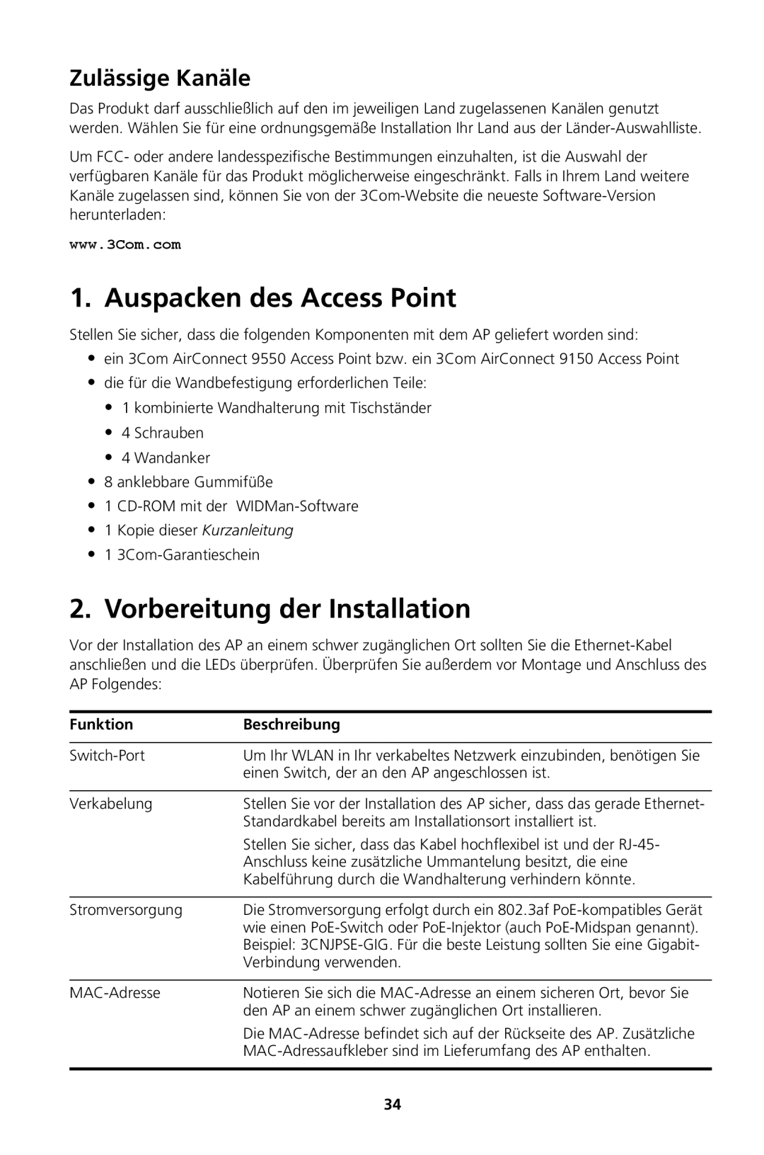 3Com Model WL-605, Model WL-604 manual Auspacken des Access Point, Vorbereitung der Installation, Zulässige Kanäle 