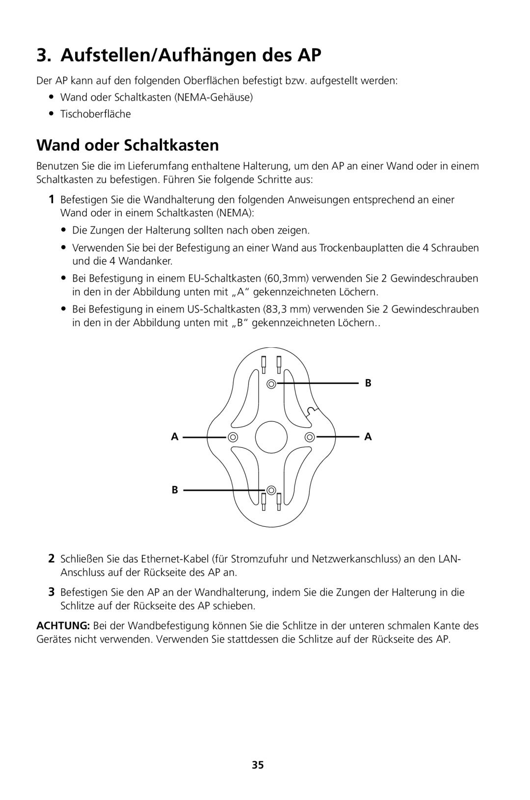 3Com Model WL-604, Model WL-605 manual Aufstellen/Aufhängen des AP, Wand oder Schaltkasten 