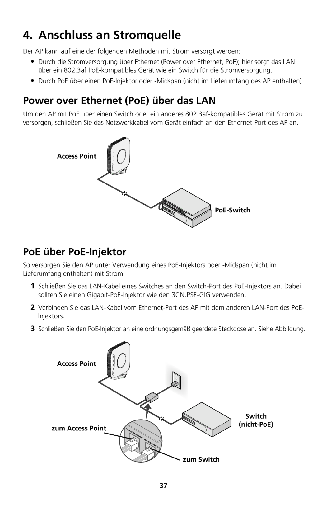 3Com Model WL-604, Model WL-605 manual Anschluss an Stromquelle, Power over Ethernet PoE über das LAN, PoE über PoE-Injektor 