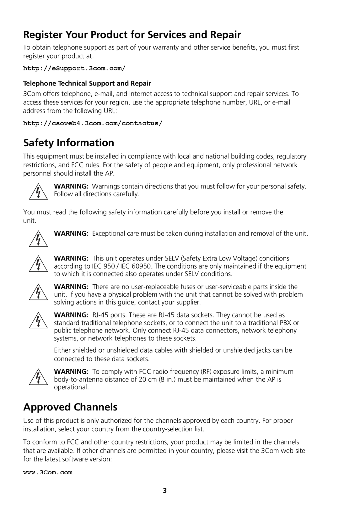3Com Model WL-604, Model WL-605 manual Register Your Product for Services and Repair, Safety Information, Approved Channels 