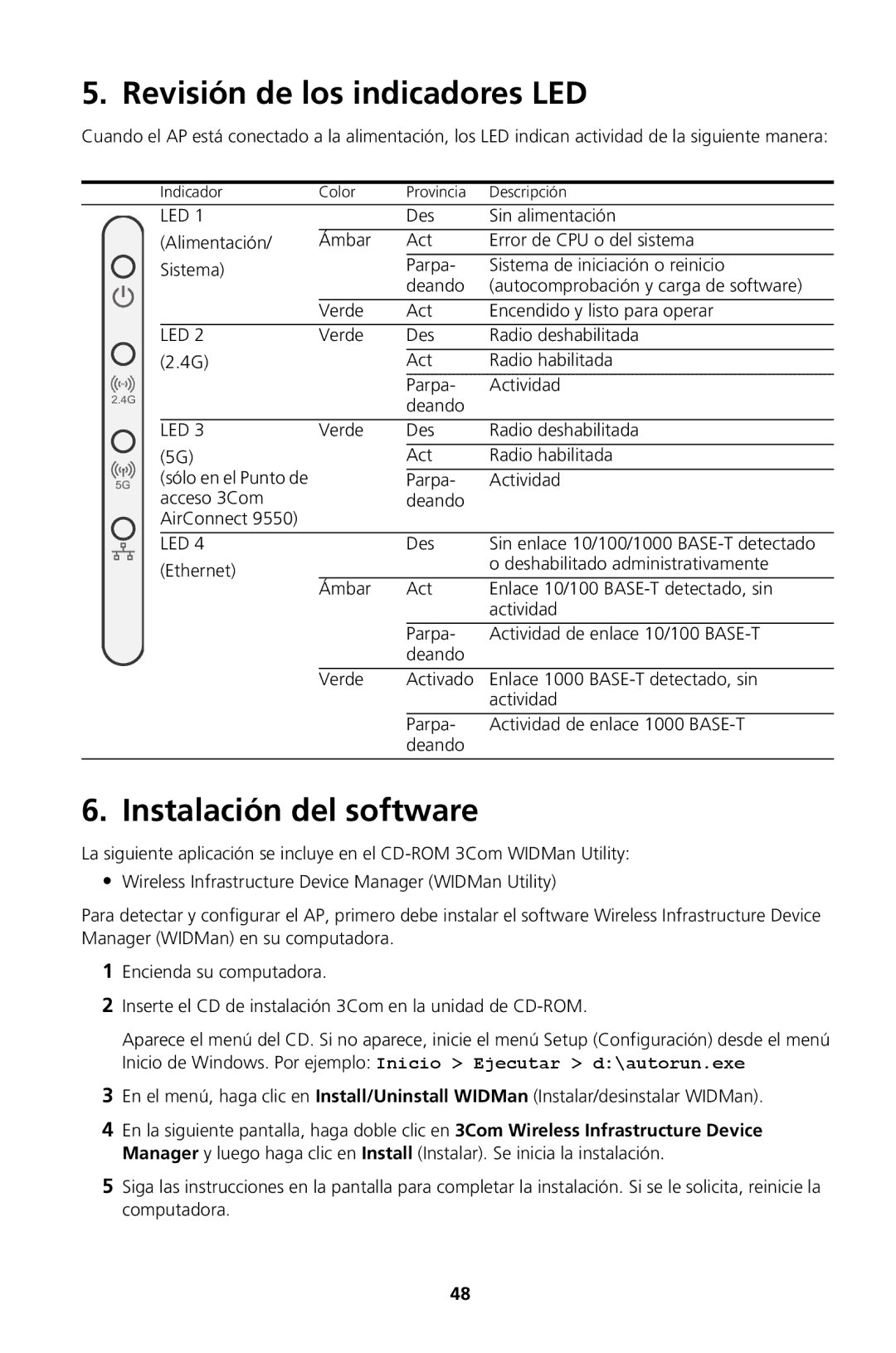 3Com Model WL-605, Model WL-604 manual Revisión de los indicadores LED, Instalación del software 