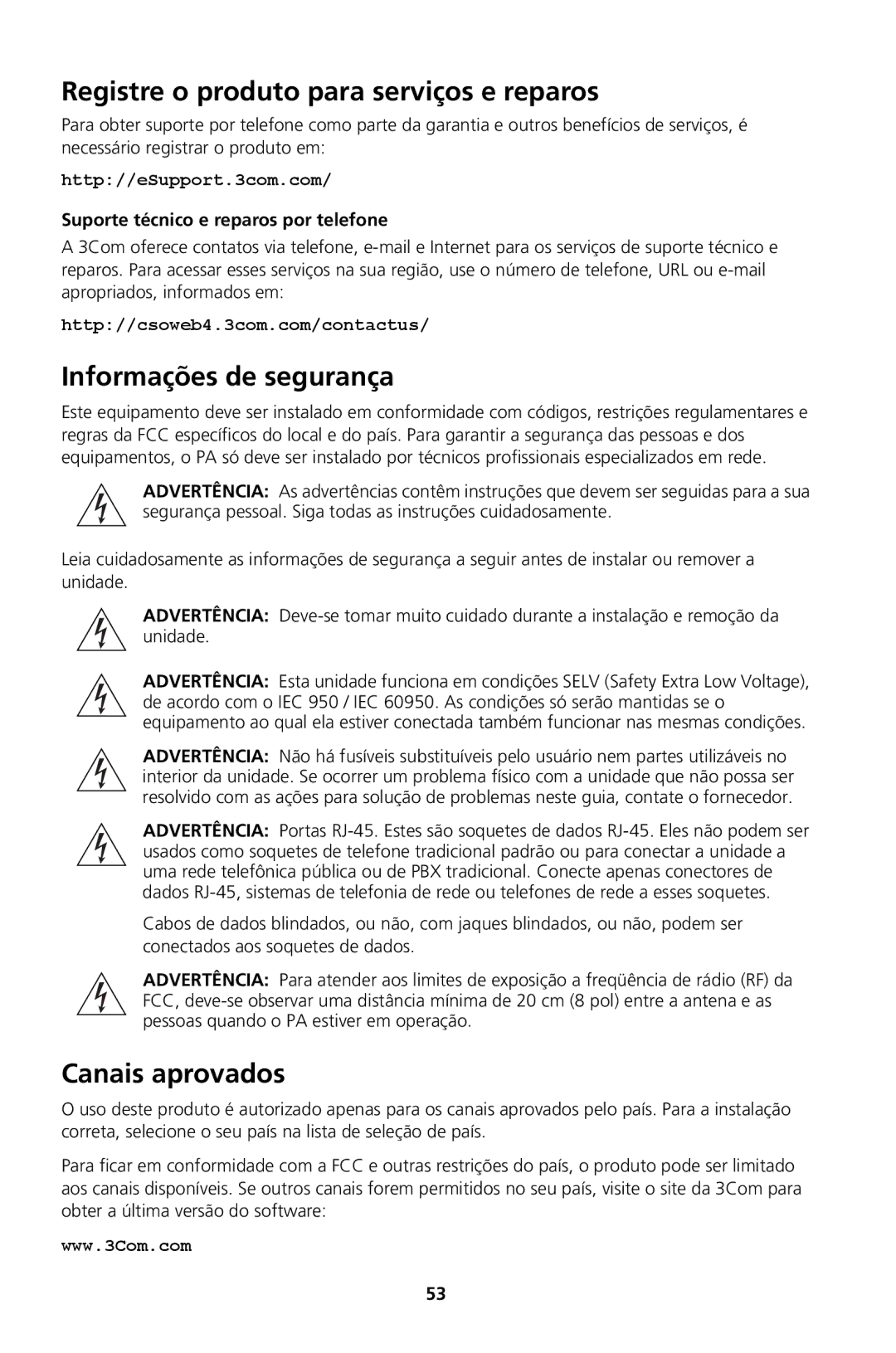 3Com Model WL-604, Model WL-605 Registre o produto para serviços e reparos, Informações de segurança, Canais aprovados 