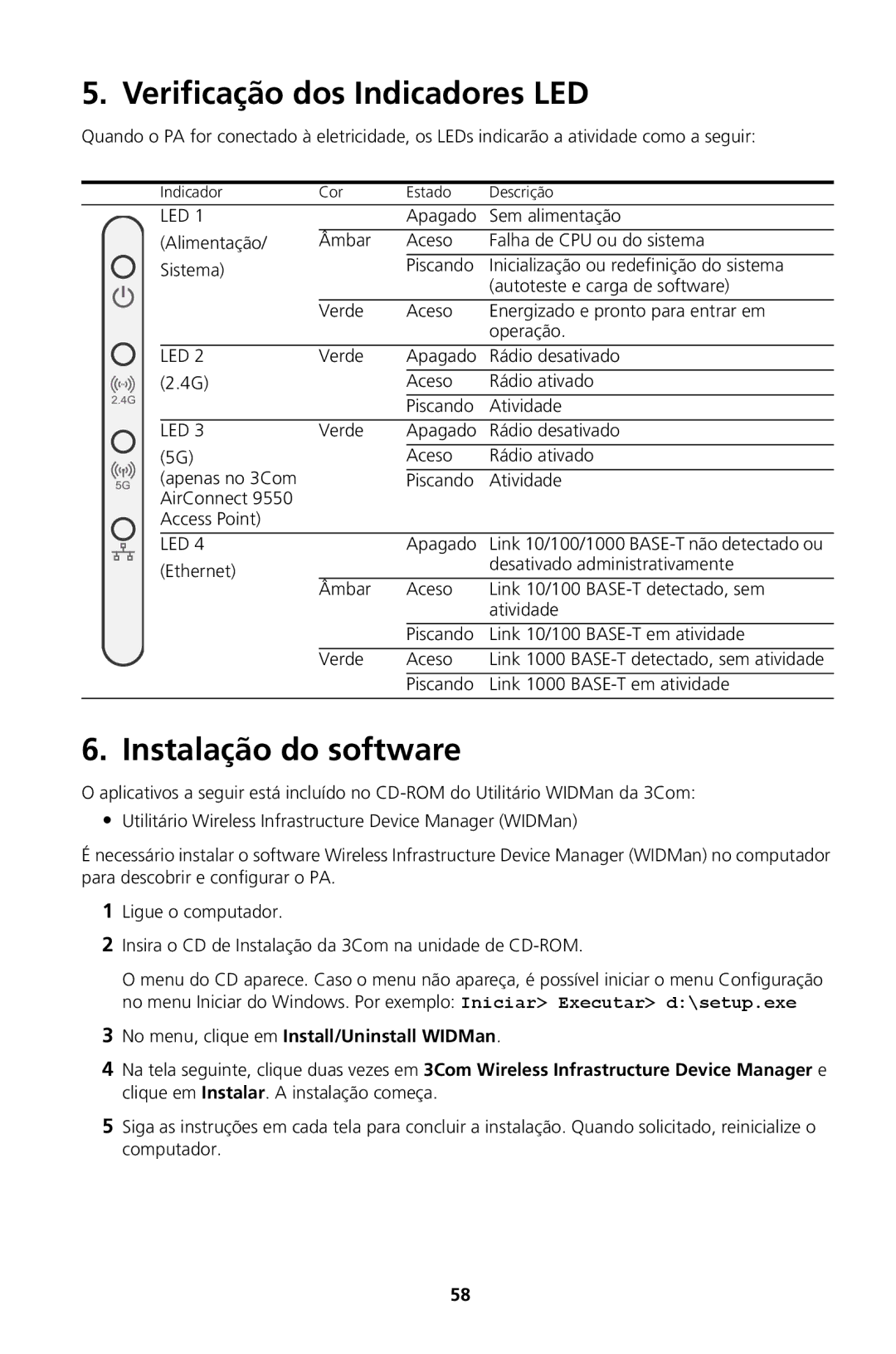 3Com Model WL-605, Model WL-604 manual Verificação dos Indicadores LED, Instalação do software 