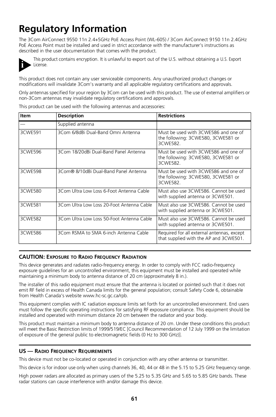 3Com Model WL-604, Model WL-605 manual Regulatory Information, Description Restrictions 