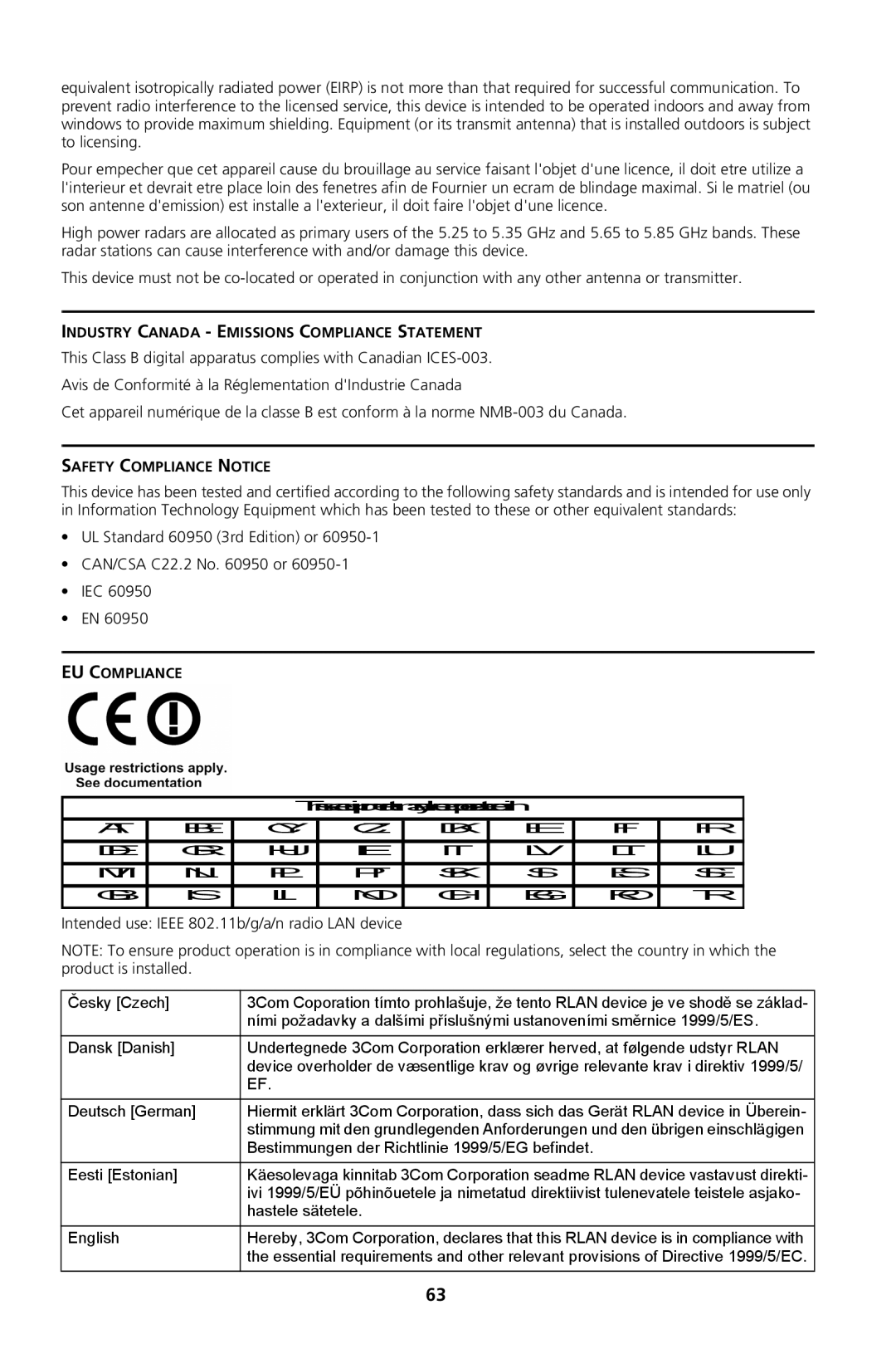 3Com Model WL-604, Model WL-605 manual UL Standard 60950 3rd Edition or CAN/CSA C22.2 No or IEC 