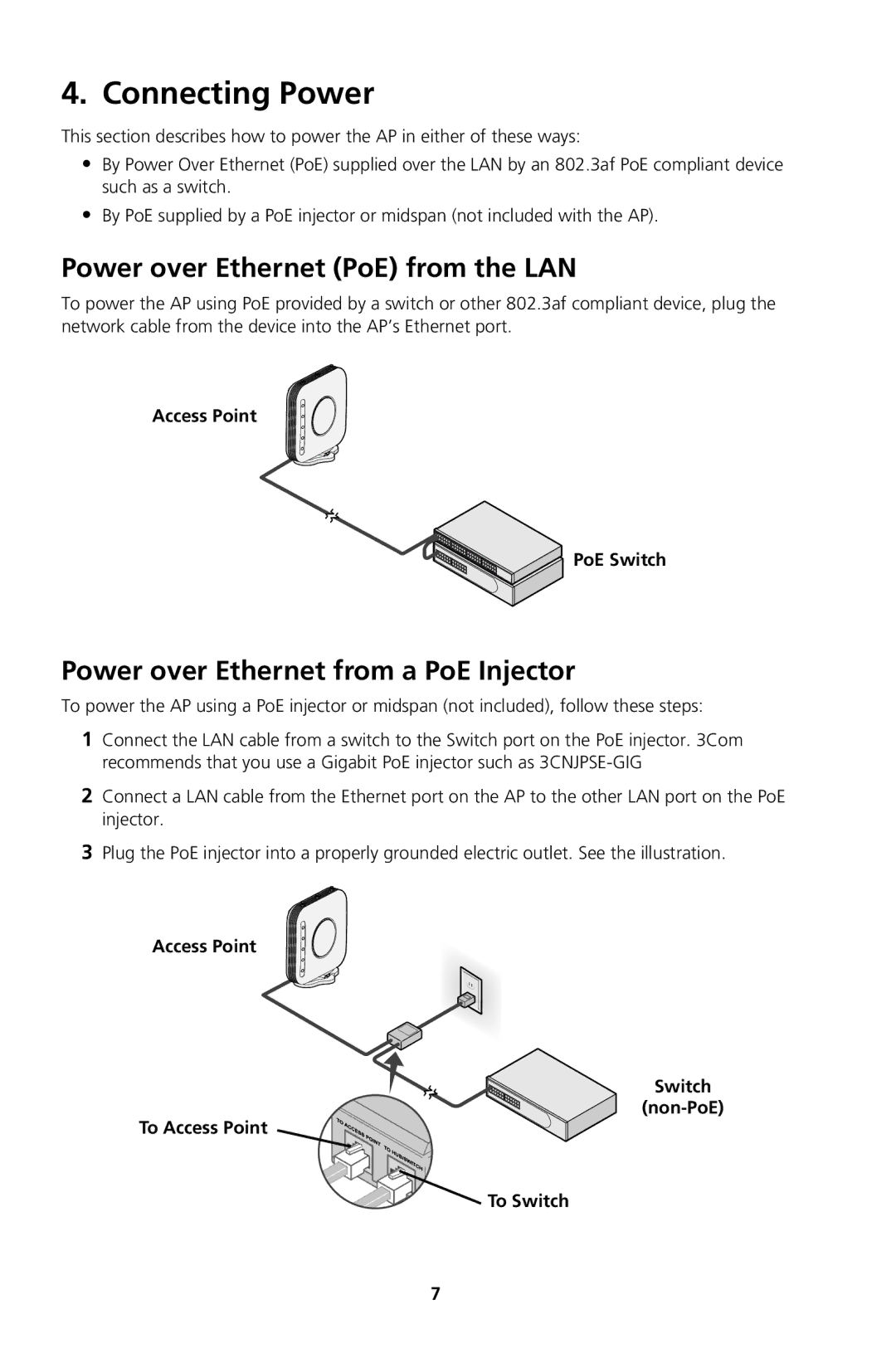 3Com Model WL-604 manual Connecting Power, Power over Ethernet PoE from the LAN, Power over Ethernet from a PoE Injector 