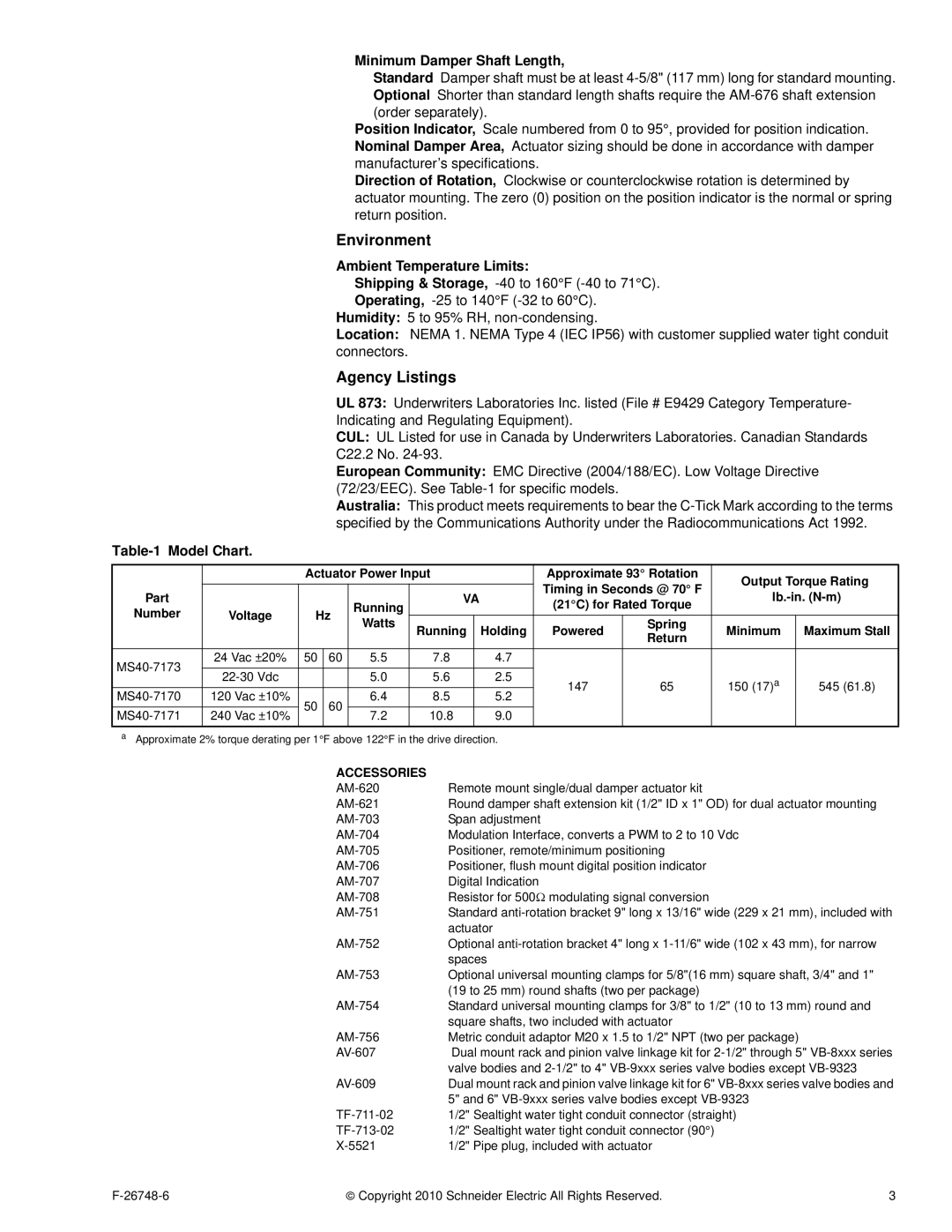 3Com MS40-717X warranty Environment, Agency Listings, Minimum Damper Shaft Length, Ambient Temperature Limits, Model Chart 