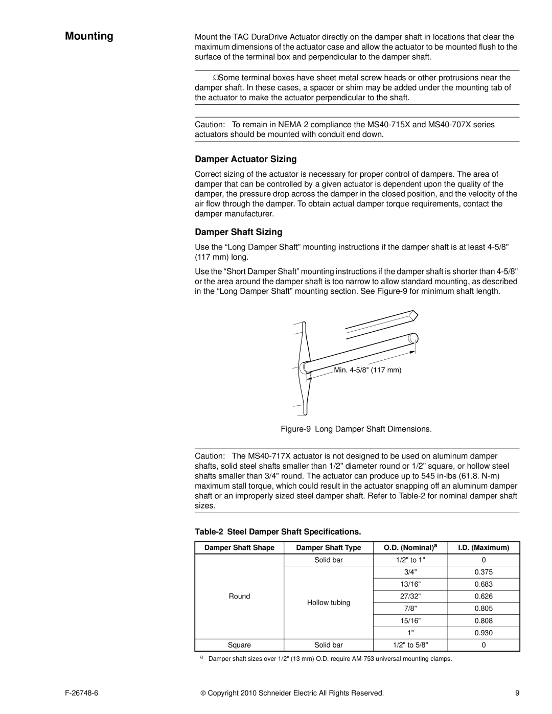 3Com MS40-717X warranty Mounting, Damper Actuator Sizing, Damper Shaft Sizing, Steel Damper Shaft Specifications, Maximum 