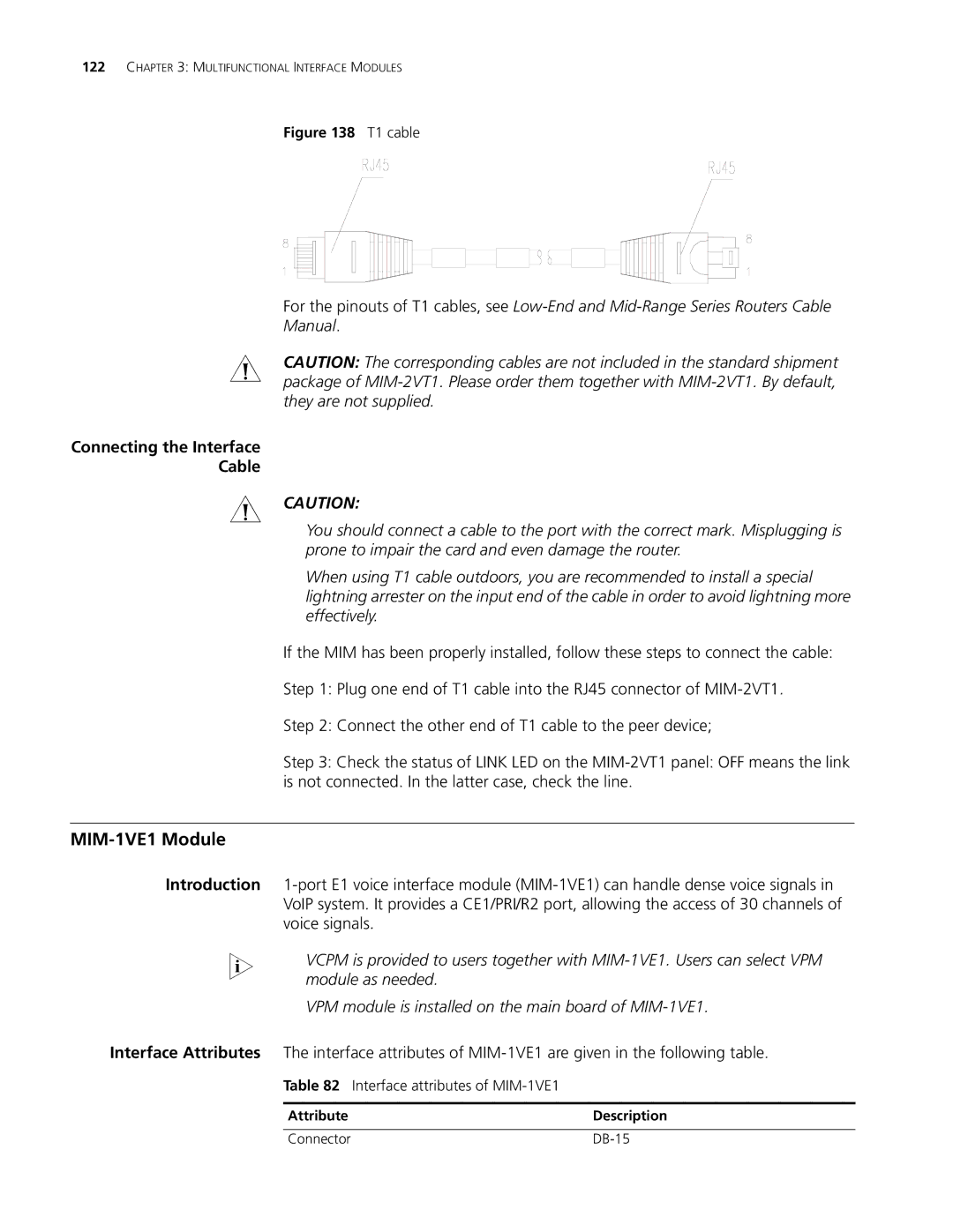 3Com MSR 50, MSR 30, MSR 20 manual MIM-1VE1 Module, Interface attributes of MIM-1VE1 