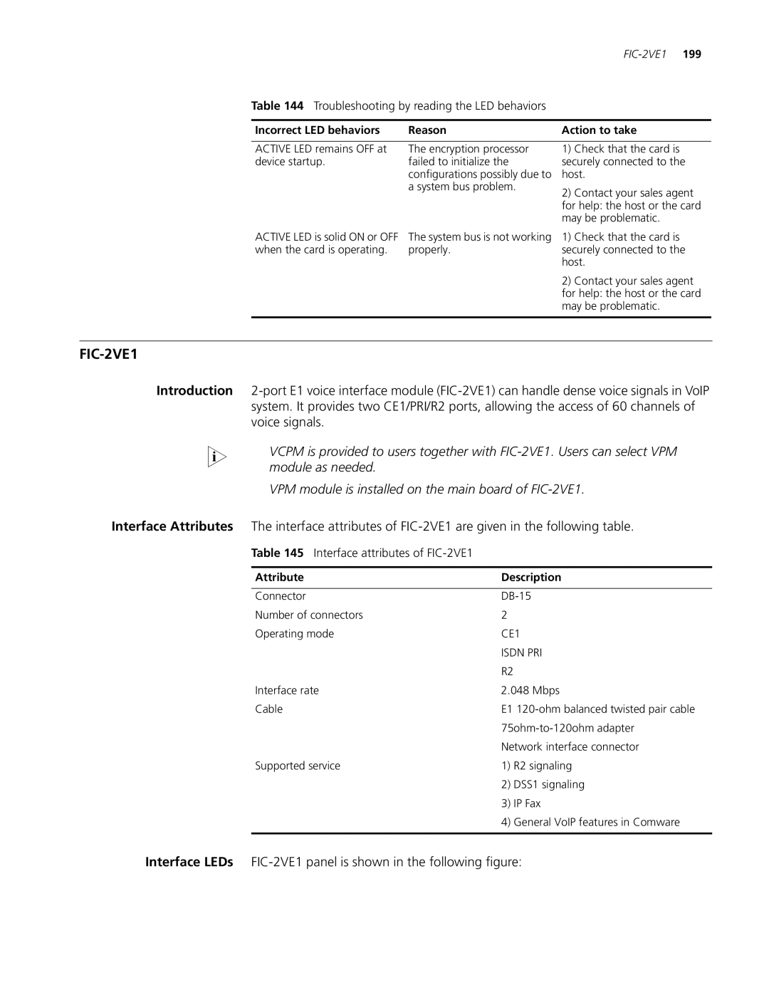 3Com MSR 20, MSR 30, MSR 50 manual Interface attributes of FIC-2VE1 