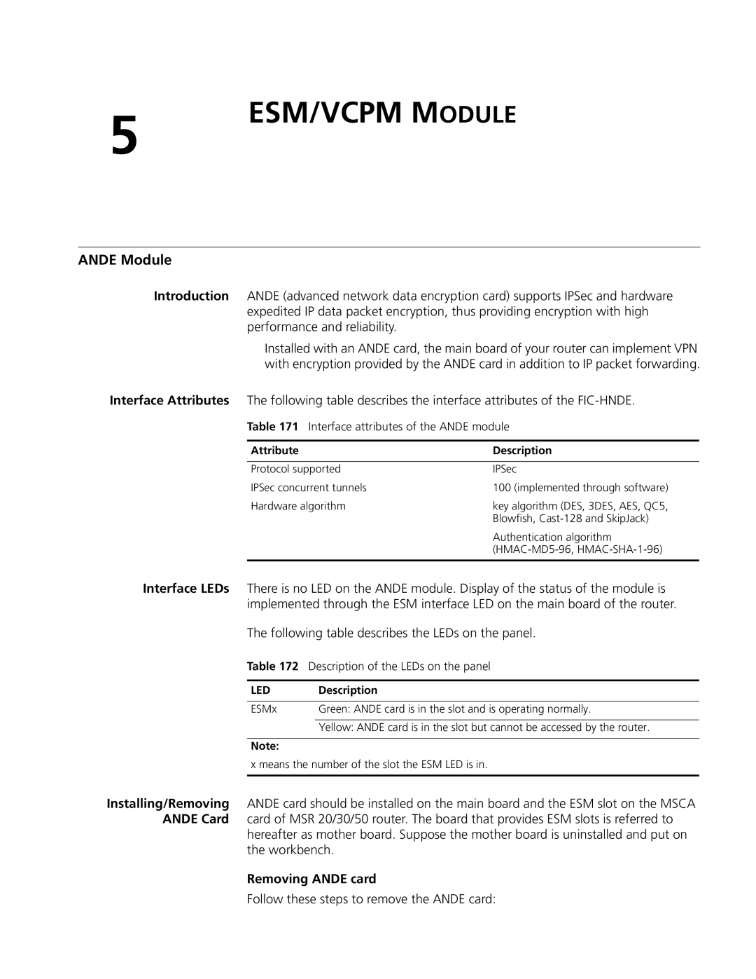 3Com MSR 20, MSR 30, MSR 50 manual Ande Module, Following table describes the LEDs on the panel, Removing Ande card 