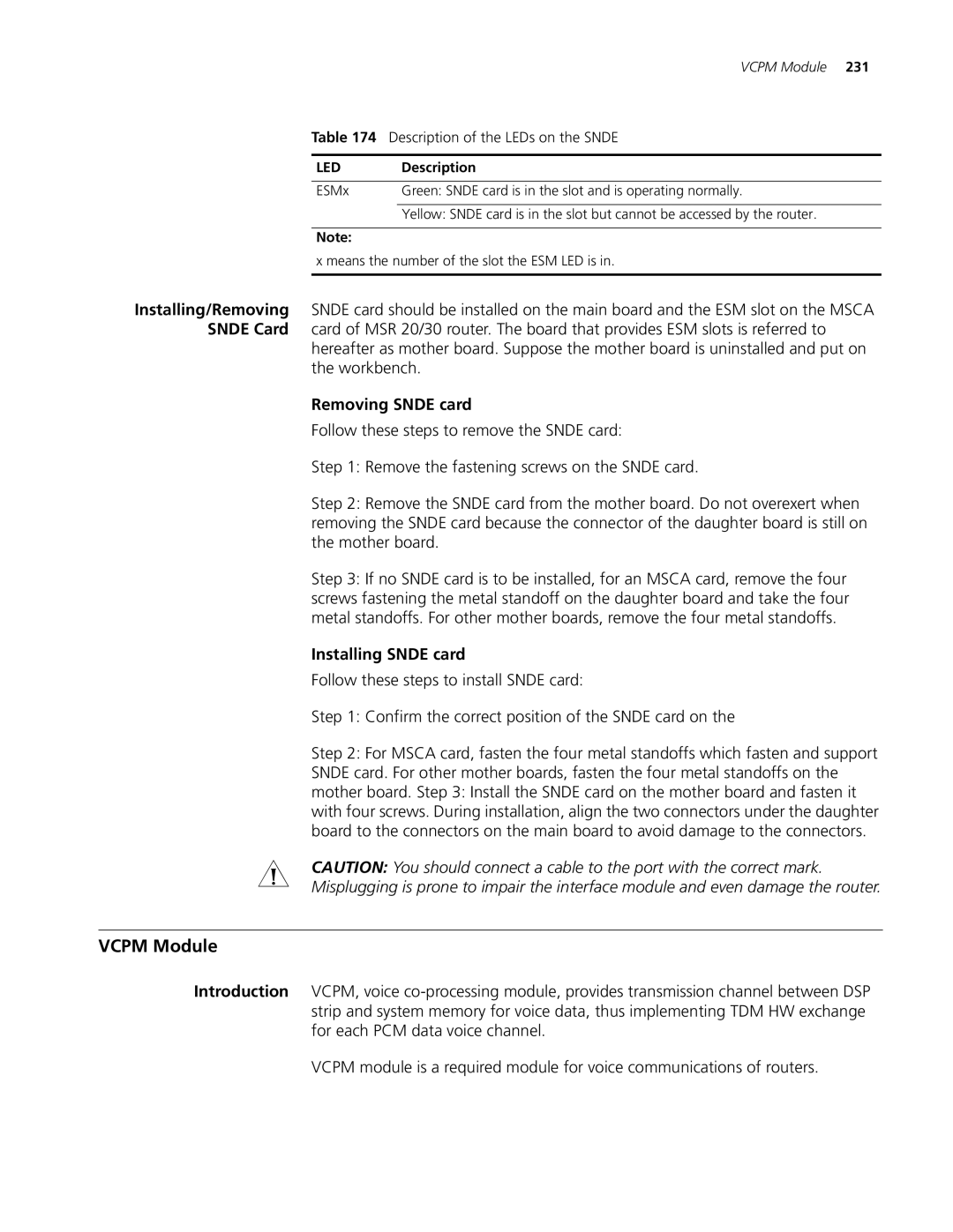 3Com MSR 30, MSR 20, MSR 50 manual Vcpm Module, Installing/Removing, Snde Card, Removing Snde card, Installing Snde card 
