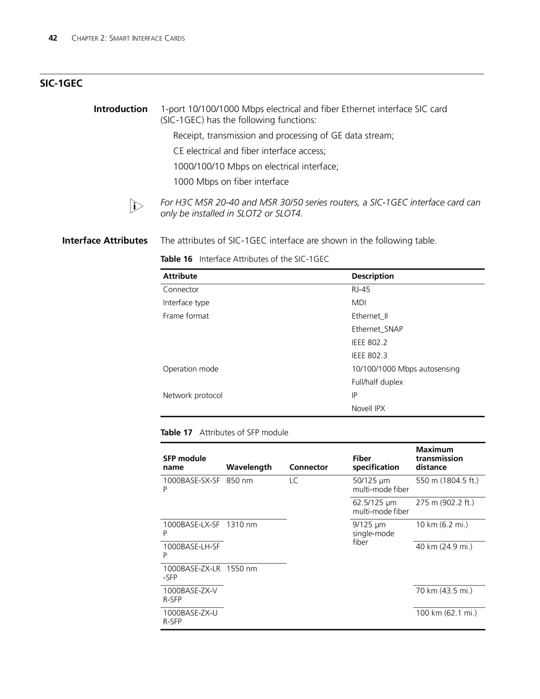 3Com MSR 30, MSR 20, MSR 50 manual Interface Attributes of the SIC-1GEC, Maximum, Sfp 