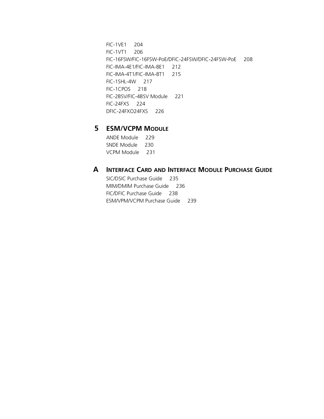 3Com MSR 50, MSR 30, MSR 20 manual Ande Module 229 Snde Module 230 Vcpm Module 231, SIC/DSIC Purchase Guide 235, 236 