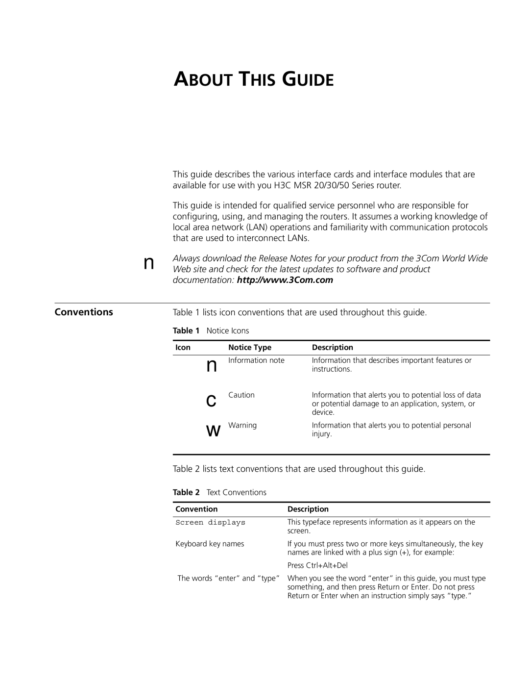 3Com MSR 20, MSR 30 Lists icon conventions that are used throughout this guide, Text Conventions, Convention Description 