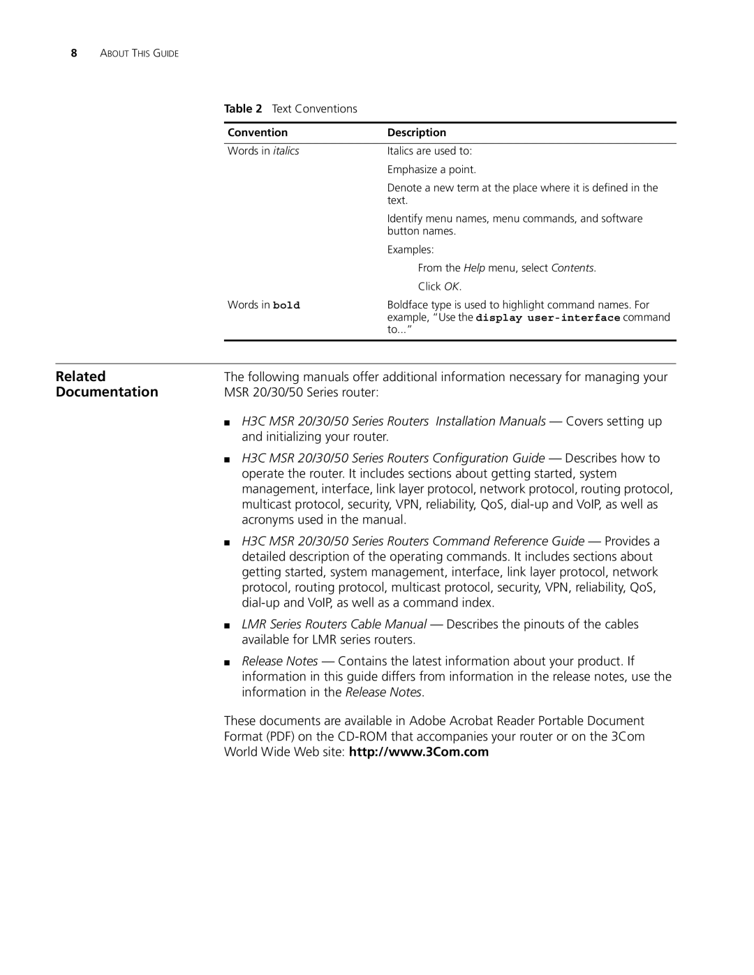 3Com MSR 50, MSR 30, MSR 20 manual Related, Documentation 