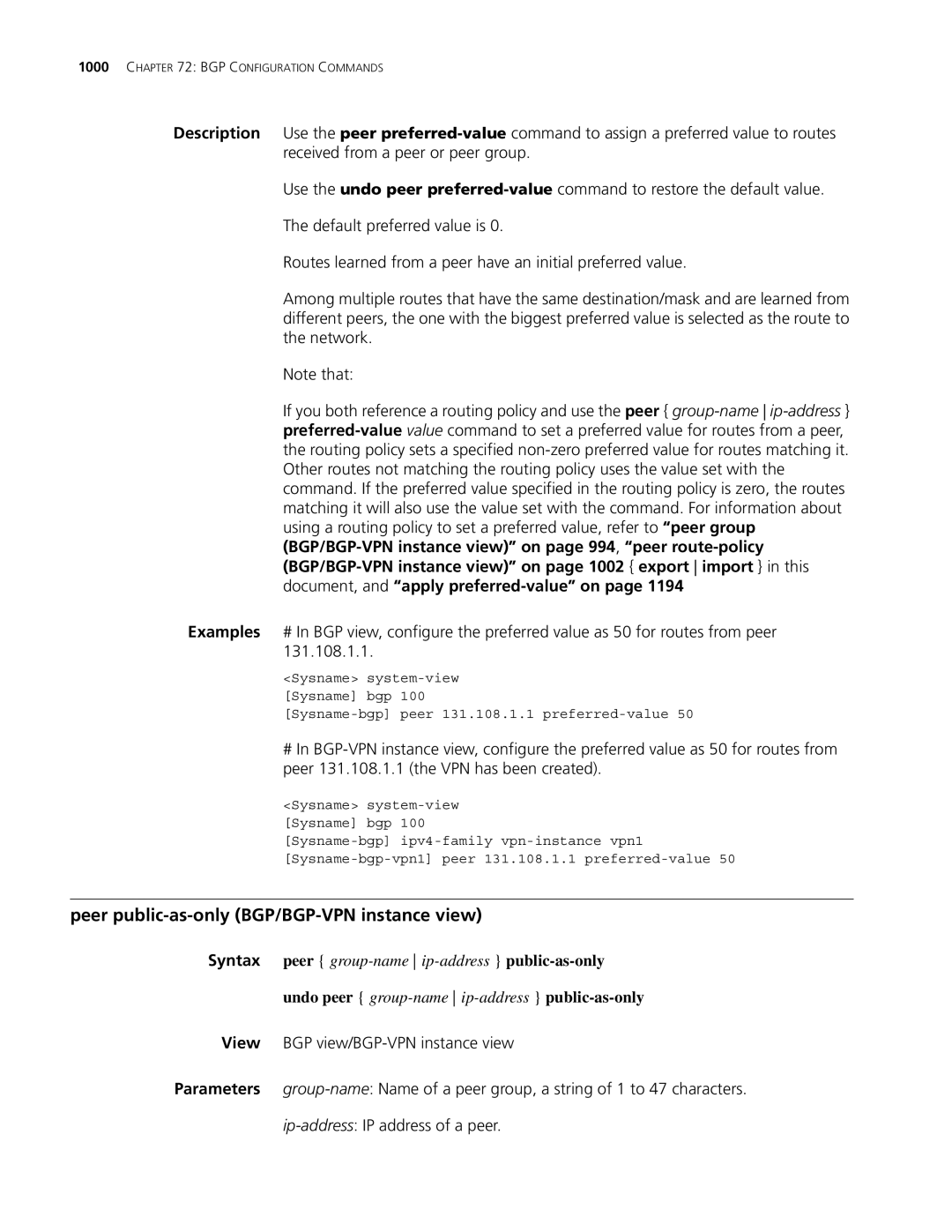 3Com MSR 30, MSR 50 manual Peer public-as-only BGP/BGP-VPN instance view, Undo peer group-name ip-address public-as-only 