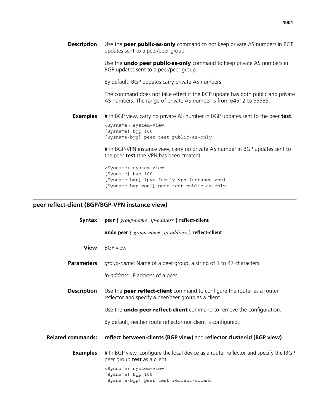 3Com MSR 50, MSR 30 manual Peer reflect-client BGP/BGP-VPN instance view, 1001 