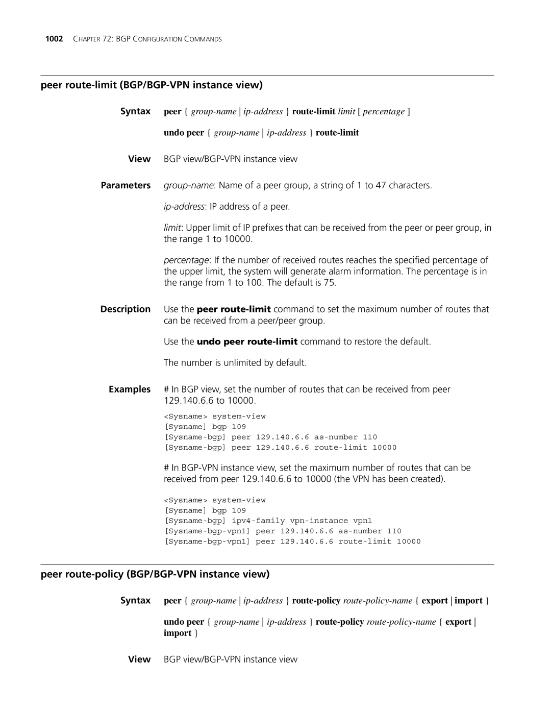 3Com MSR 30, MSR 50 manual Peer route-limit BGP/BGP-VPN instance view, Peer route-policy BGP/BGP-VPN instance view 