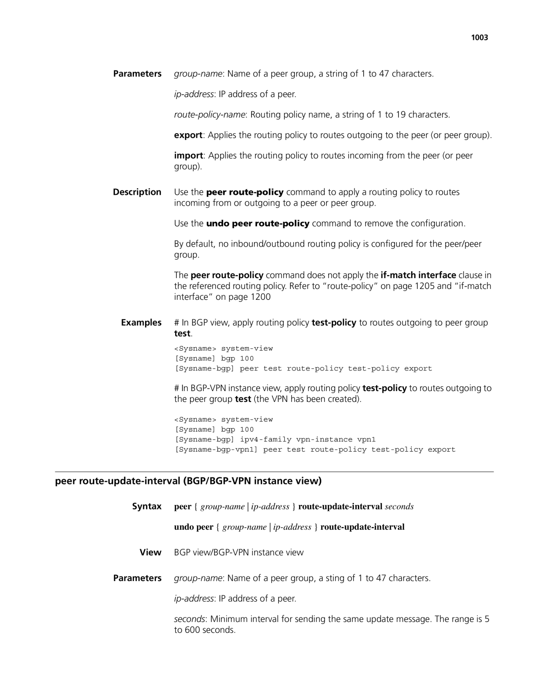 3Com MSR 50, MSR 30 manual Peer route-update-interval BGP/BGP-VPN instance view, 1003 