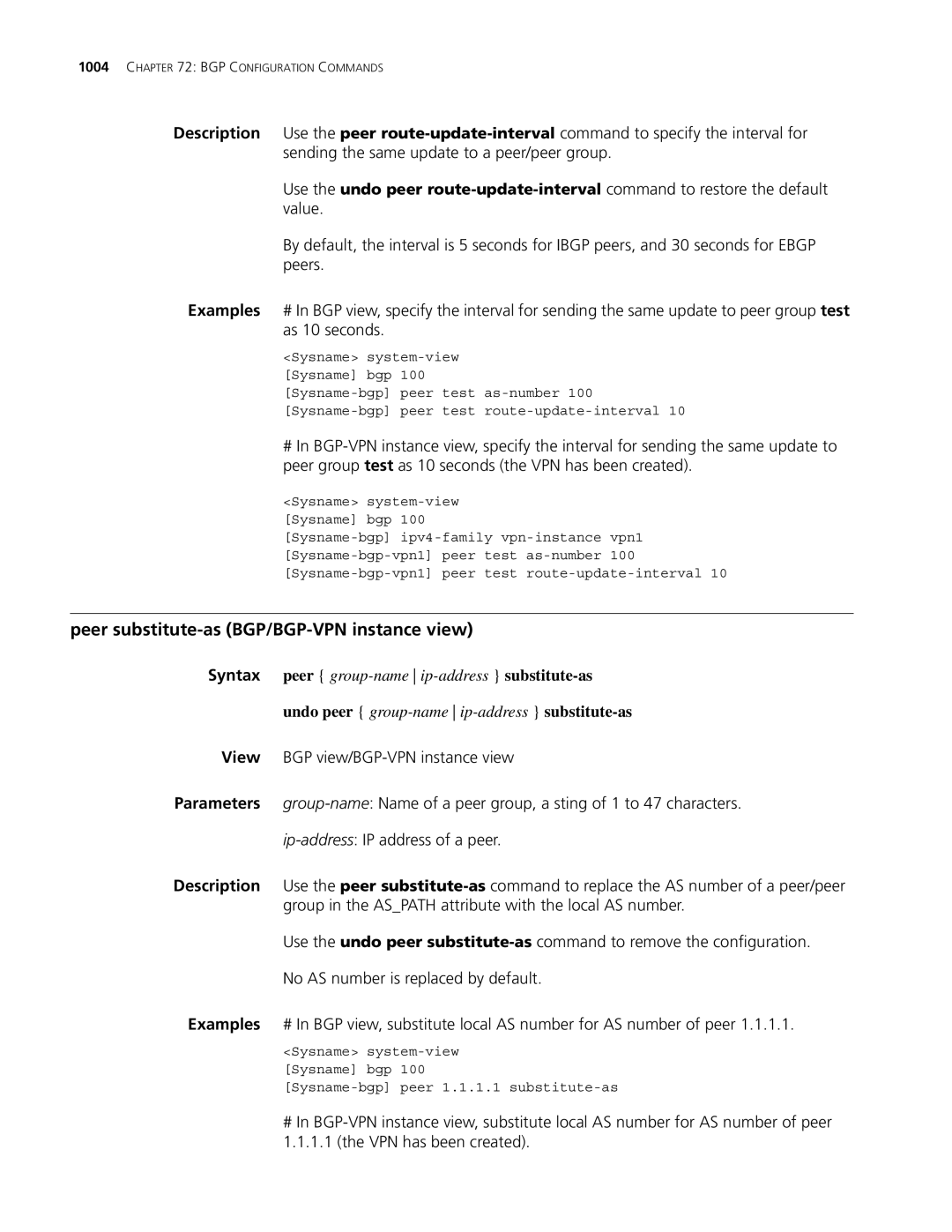 3Com MSR 30, MSR 50 manual Peer substitute-as BGP/BGP-VPN instance view, Undo peer group-nameip-address substitute-as 