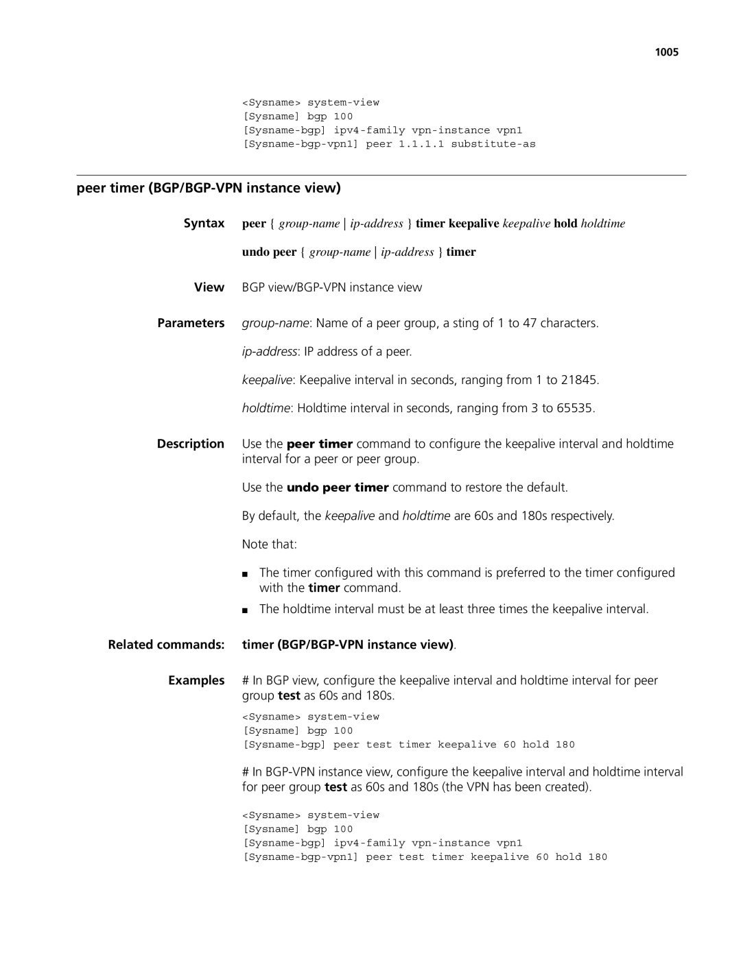 3Com MSR 50, MSR 30 manual Peer timer BGP/BGP-VPN instance view, Related commands timer BGP/BGP-VPN instance view, 1005 