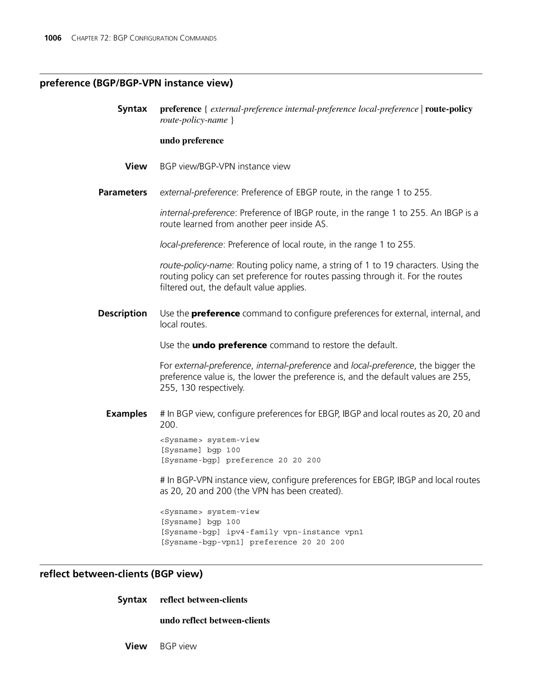 3Com MSR 30, MSR 50 manual Preference BGP/BGP-VPN instance view, Reflect between-clients BGP view, Undo preference 