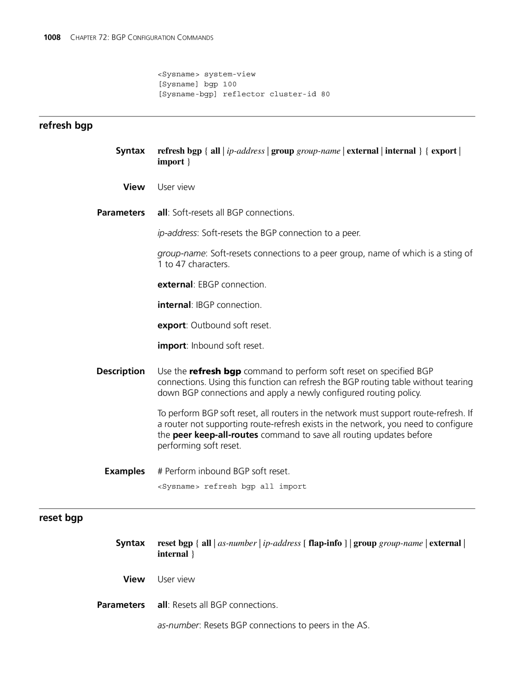 3Com MSR 30, MSR 50 manual Refresh bgp, Reset bgp, Internal, All Resets all BGP connections 