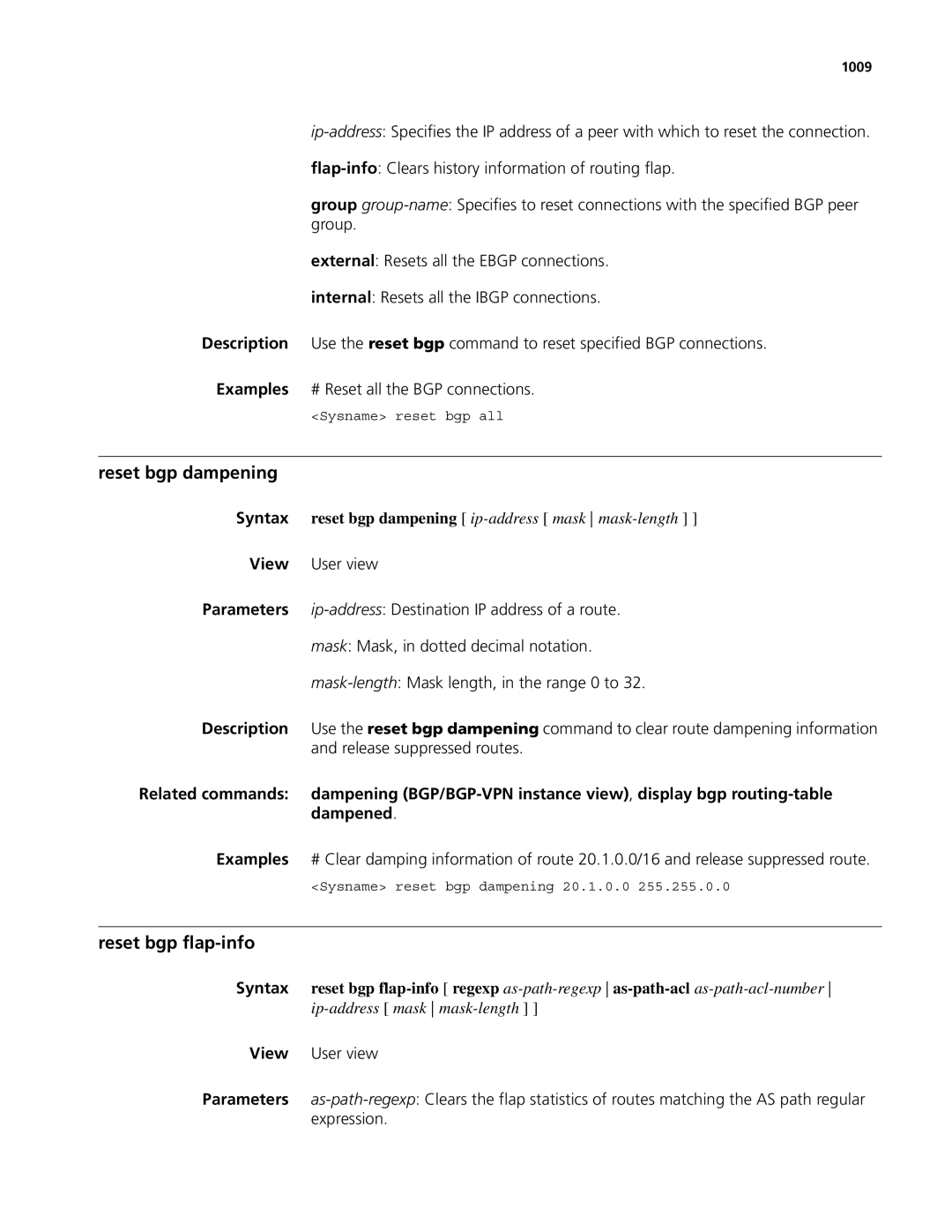 3Com MSR 50, MSR 30 manual Reset bgp dampening, Reset bgp flap-info, 1009 