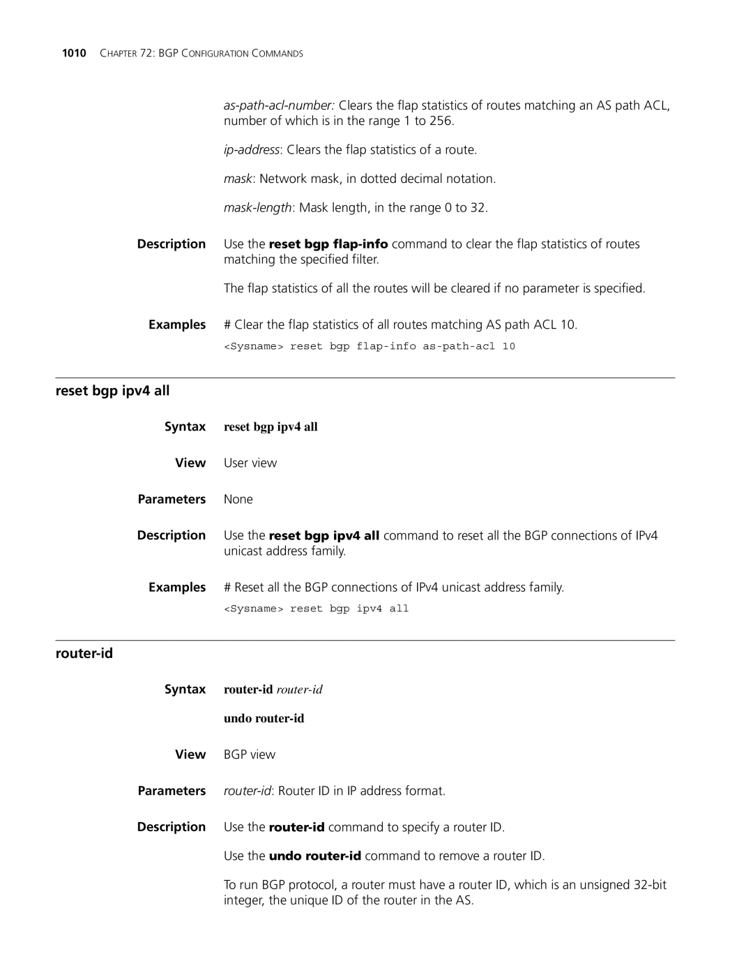 3Com MSR 30, MSR 50 Reset bgp ipv4 all, Router-id, Syntax reset bgp ipv4 all, Syntax router-id router-id Undo router-id 