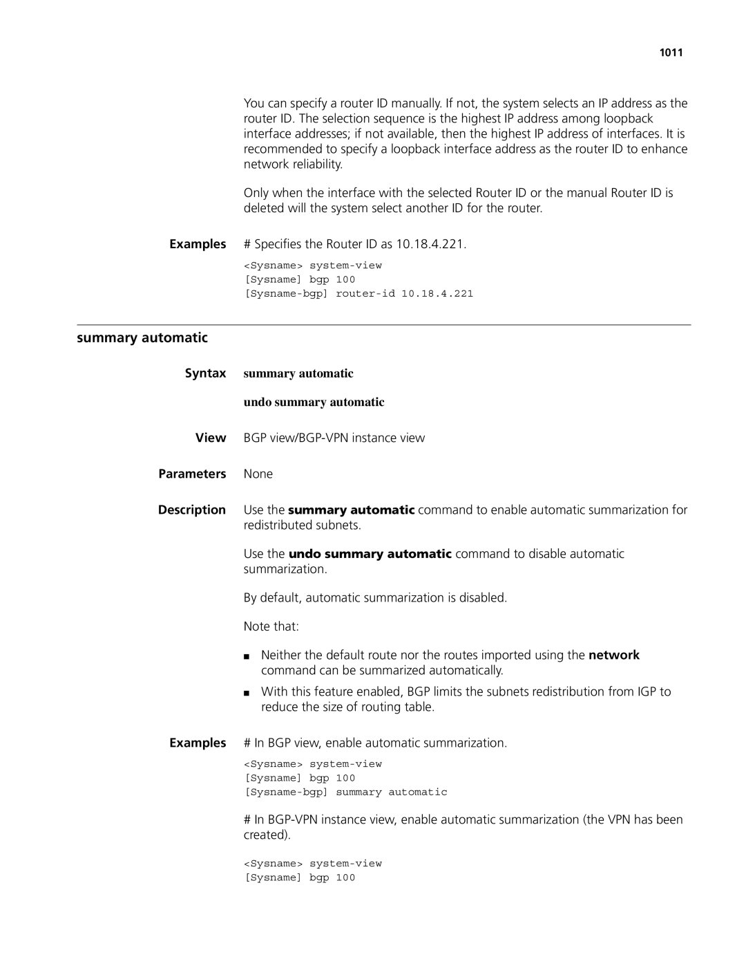 3Com MSR 50, MSR 30 manual Summary automatic, Syntax summary automatic Undo summary automatic, 1011 