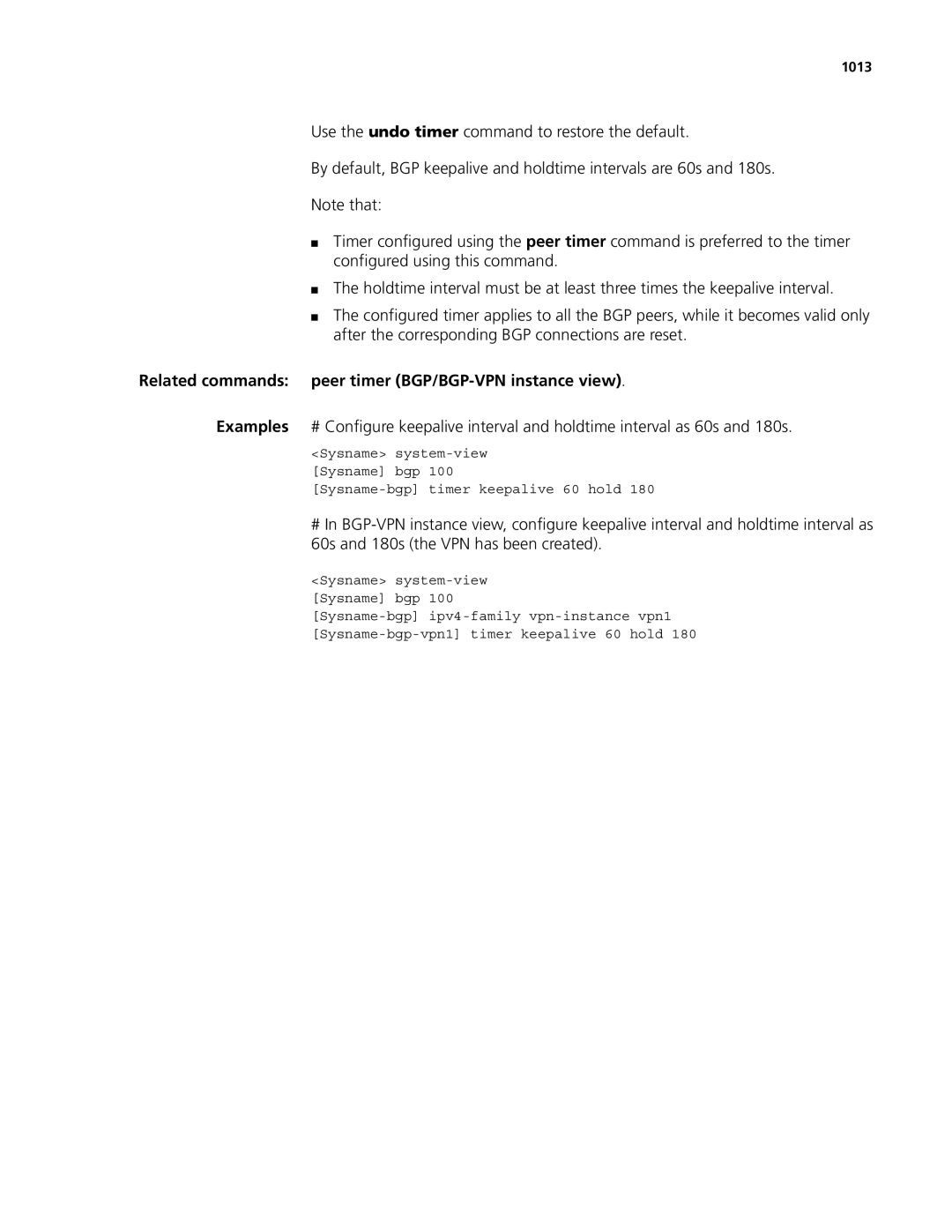 3Com MSR 50, MSR 30 manual Related commands peer timer BGP/BGP-VPN instance view, 1013 