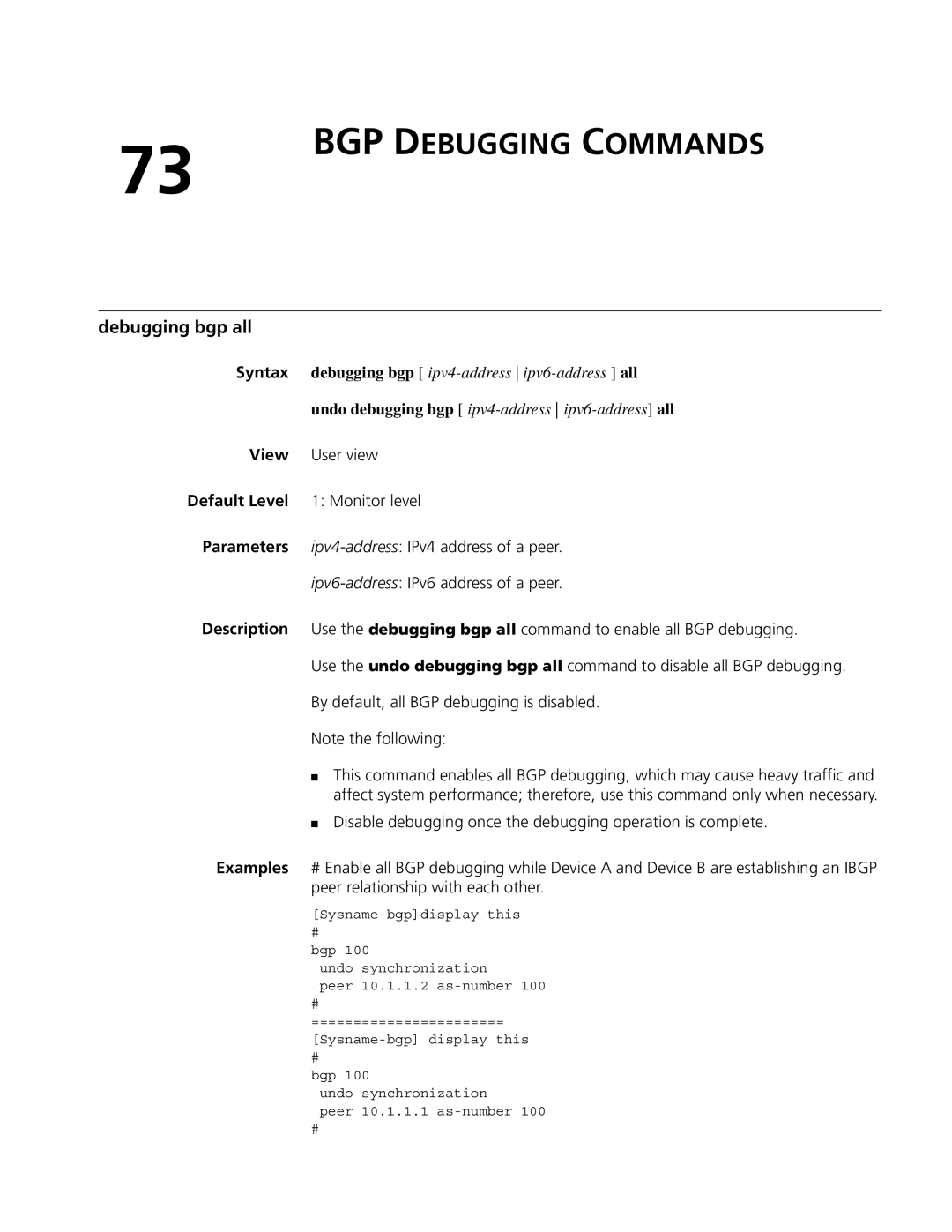 3Com MSR 50, MSR 30 manual BGP Debugging Commands, Debugging bgp all 