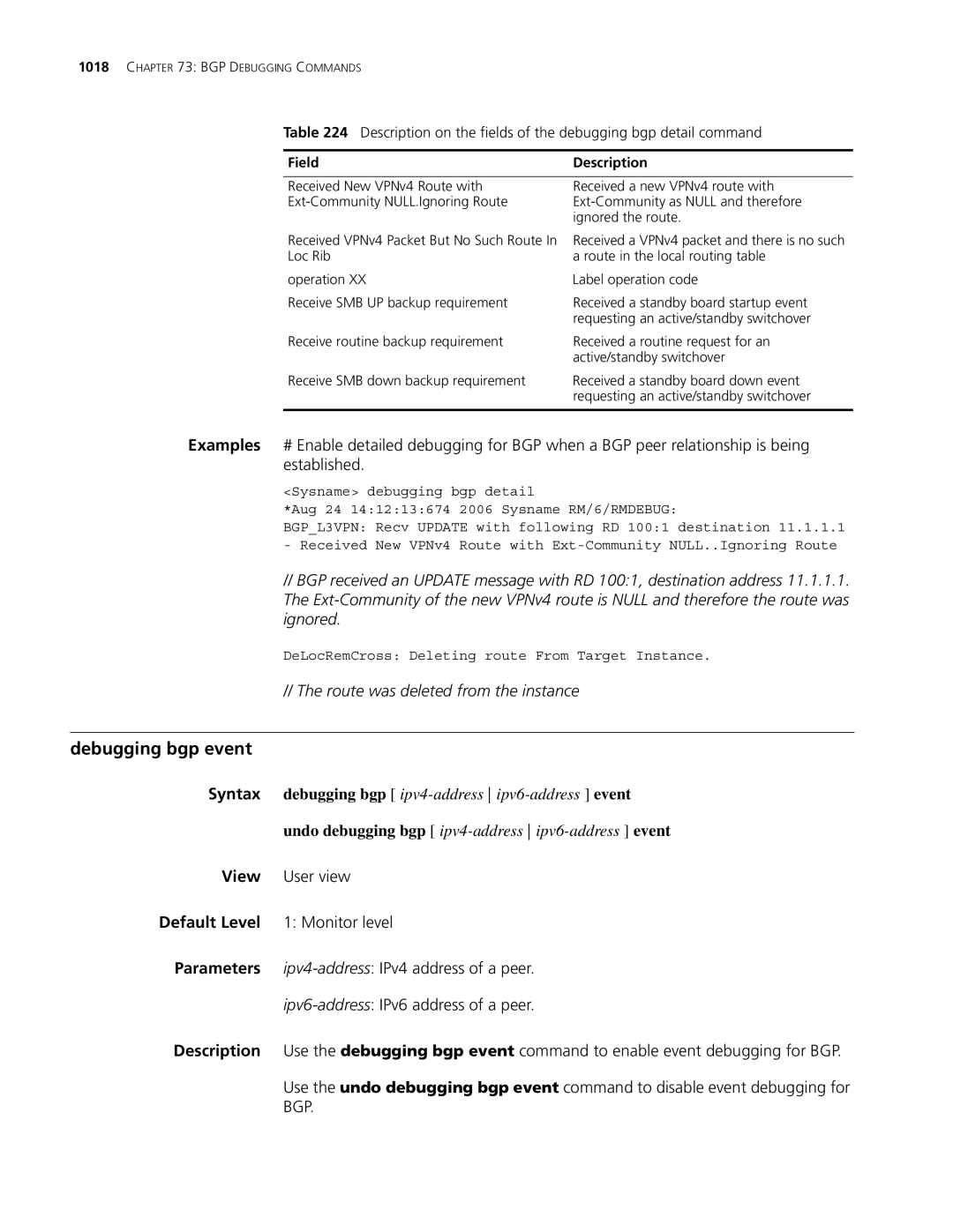 3Com MSR 30, MSR 50 manual Debugging bgp event, Route was deleted from the instance 