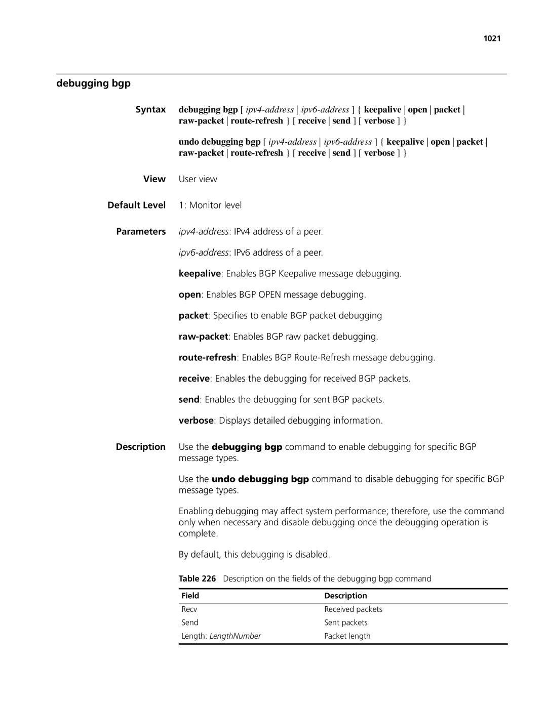 3Com MSR 50, MSR 30 manual Debugging bgp, Description on the fields of the debugging bgp command, 1021 