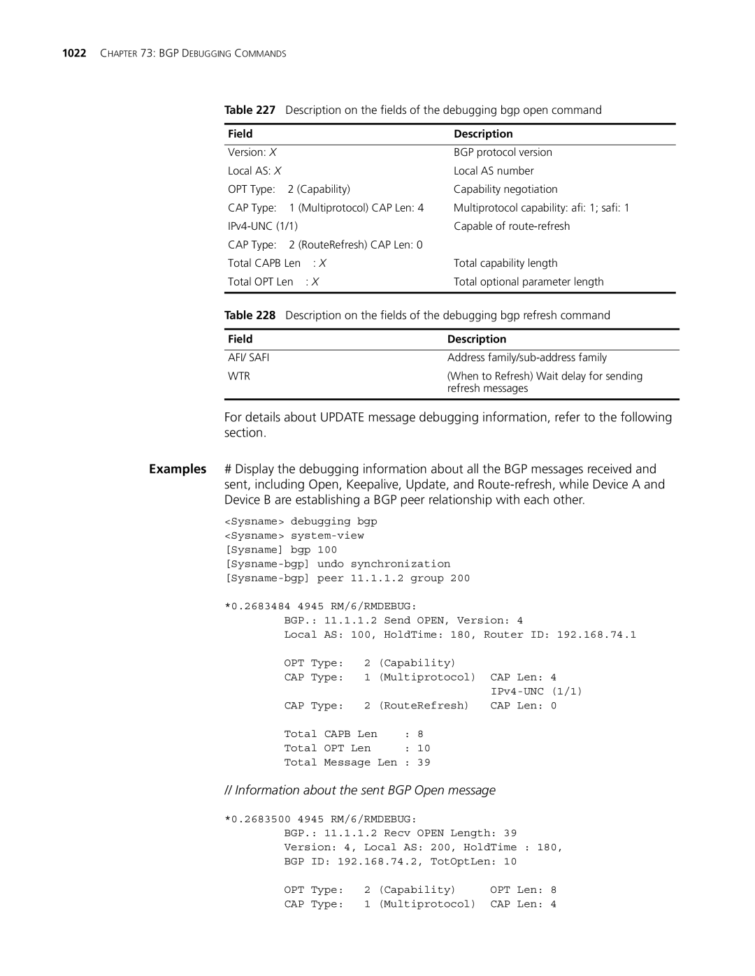 3Com MSR 30 Information about the sent BGP Open message, Description on the fields of the debugging bgp open command, Wtr 