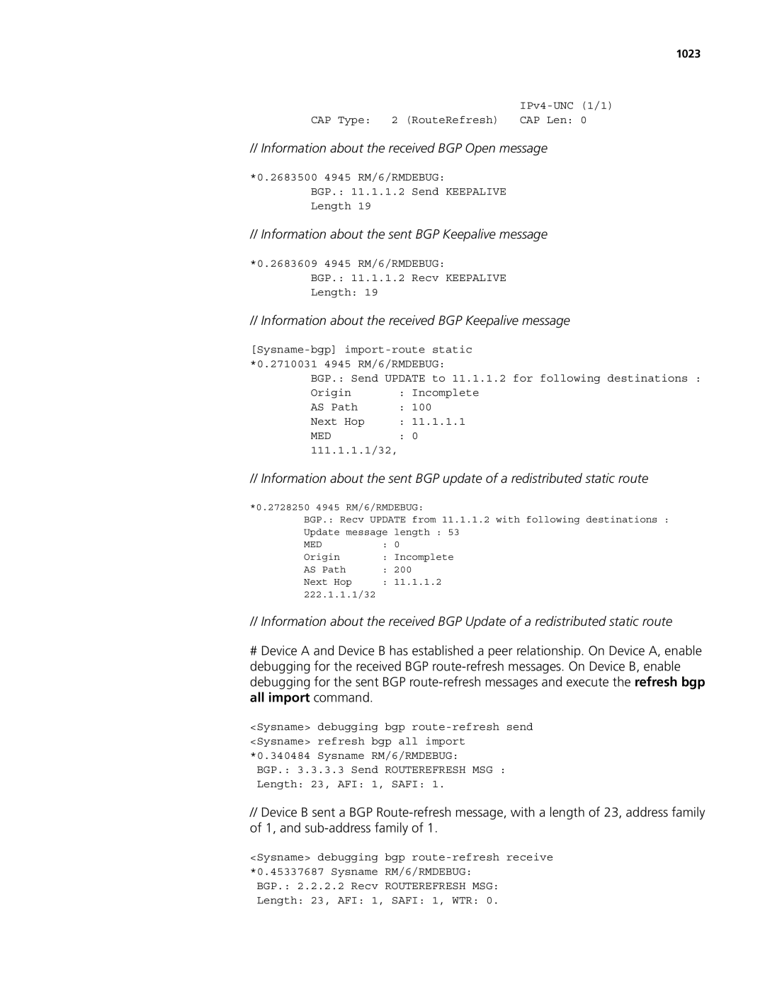 3Com MSR 50 manual Information about the received BGP Open message, Information about the sent BGP Keepalive message, 1023 