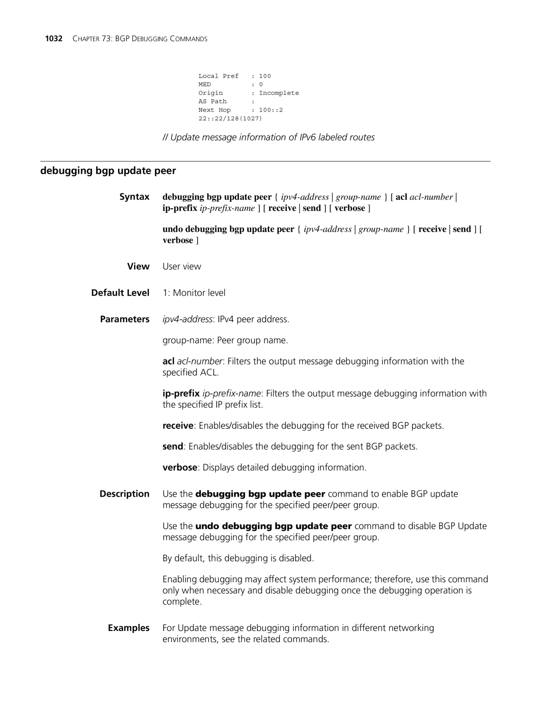 3Com MSR 30, MSR 50 manual Debugging bgp update peer, Update message information of IPv6 labeled routes 