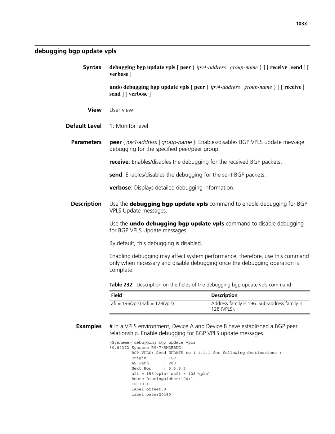 3Com MSR 50, MSR 30 manual Debugging bgp update vpls, For BGP Vpls Update messages, 1033 