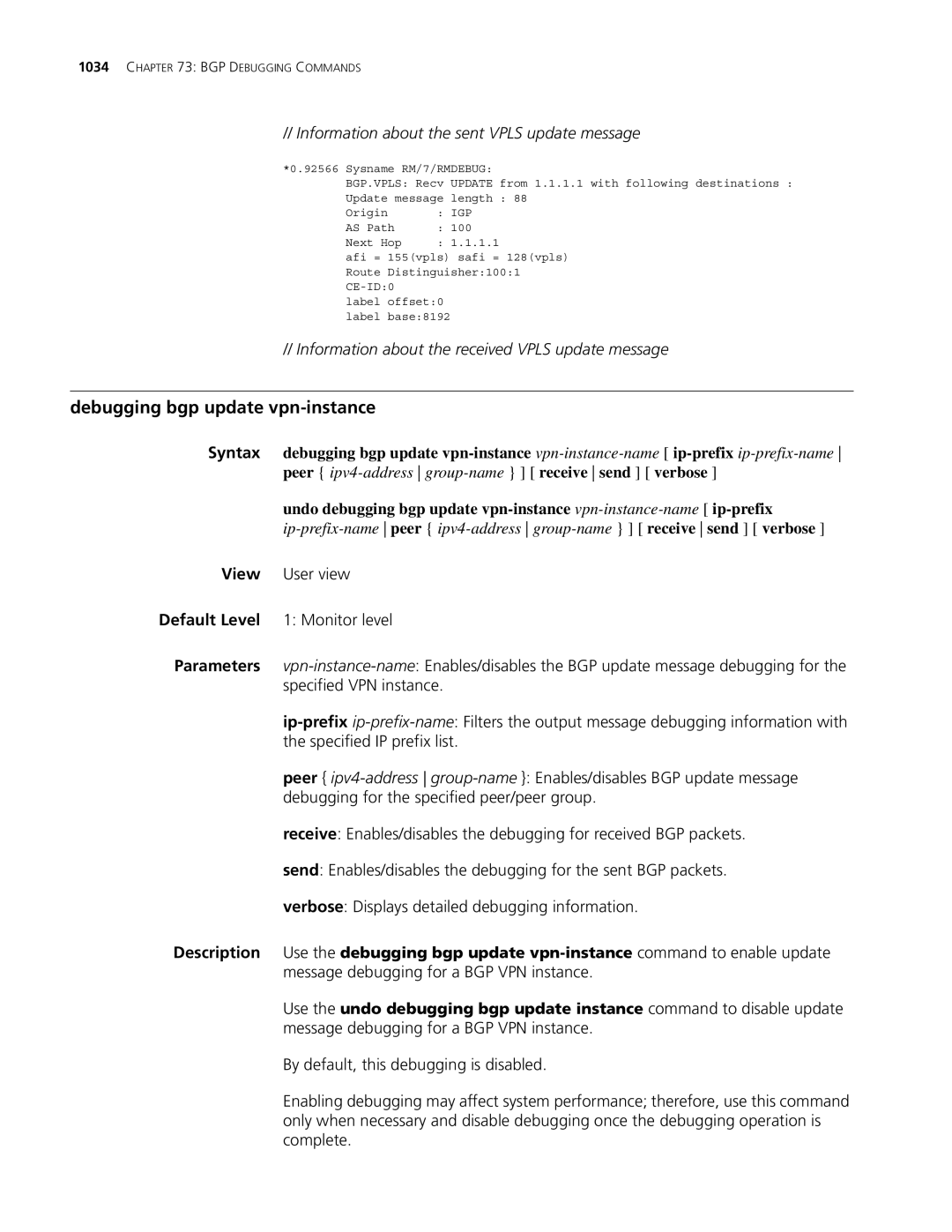 3Com MSR 30, MSR 50 manual Debugging bgp update vpn-instance, Information about the sent Vpls update message 