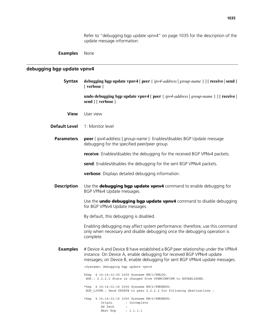 3Com MSR 50, MSR 30 manual Debugging bgp update vpnv4, Examples None, For BGP VPNv4 Update messages, 1035 