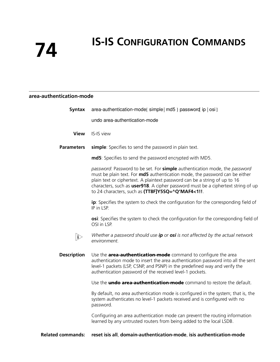 3Com MSR 50, MSR 30 IS-IS Configuration Commands, Area-authentication-mode simple md5 password ip osi, Environment 