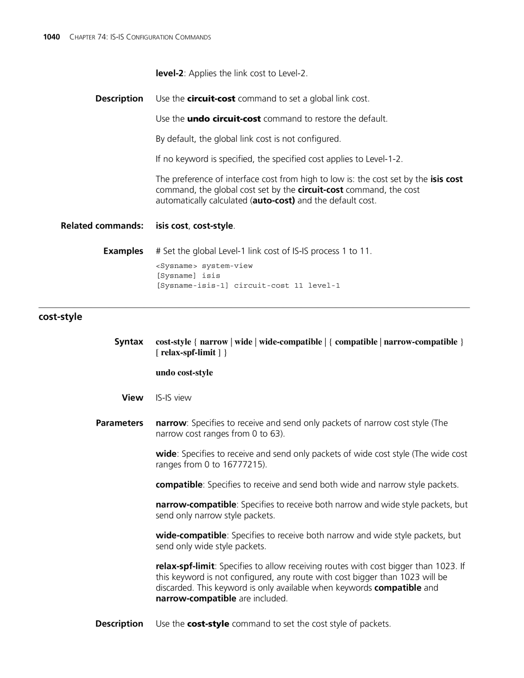 3Com MSR 30, MSR 50 manual Cost-style, Related commands isis cost, cost-style, Relax-spf-limit, Undo cost-style 