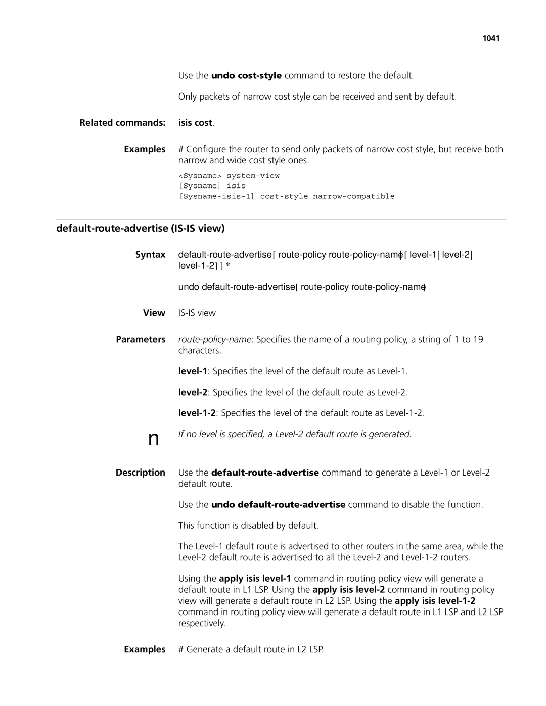 3Com MSR 50, MSR 30 manual Default-route-advertise IS-IS view, Related commands isis cost, 1041 