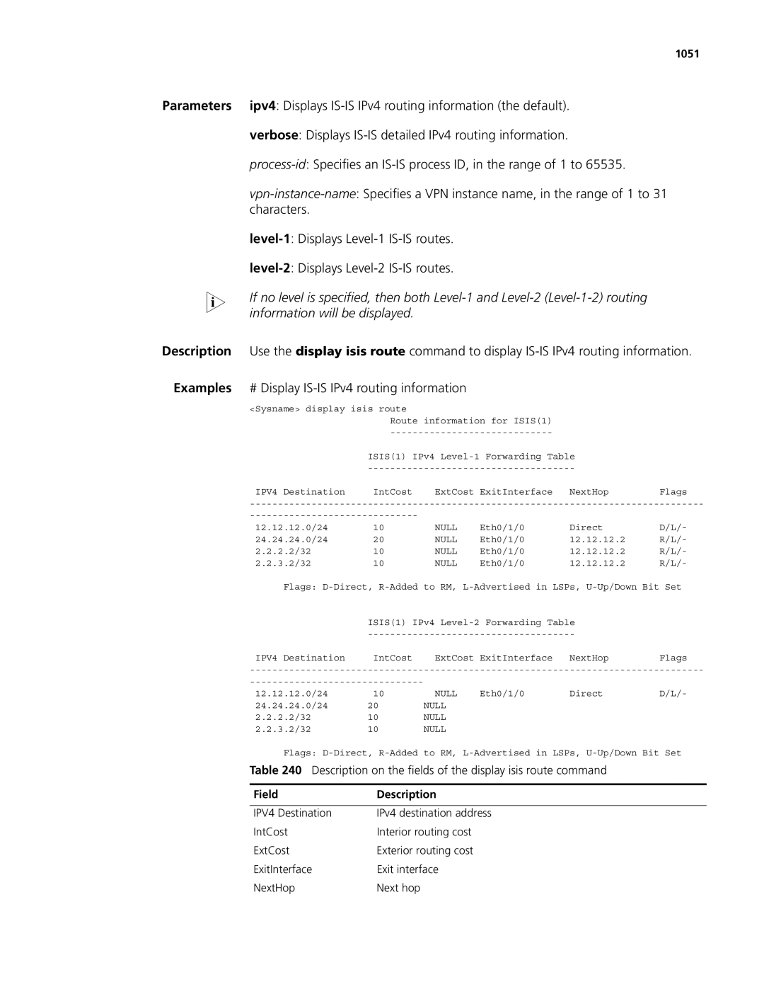 3Com MSR 50 # Display IS-IS IPv4 routing information, Description on the fields of the display isis route command, 1051 