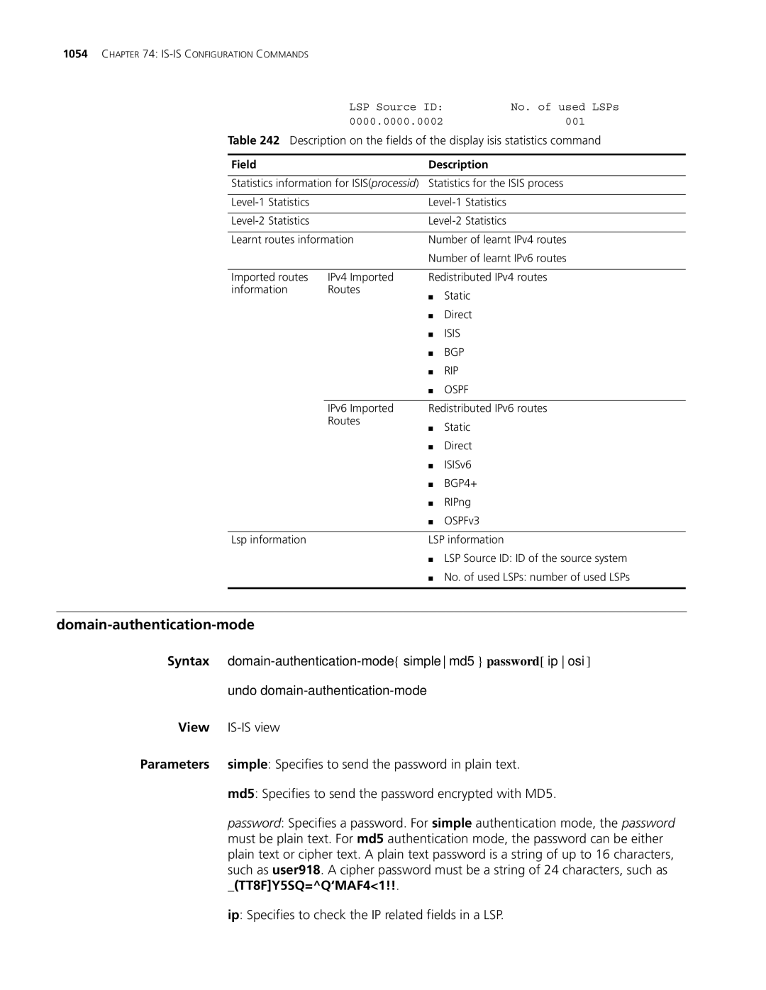 3Com MSR 30, MSR 50 manual Domain-authentication-mode, IS-IS view, Simple Specifies to send the password in plain text 