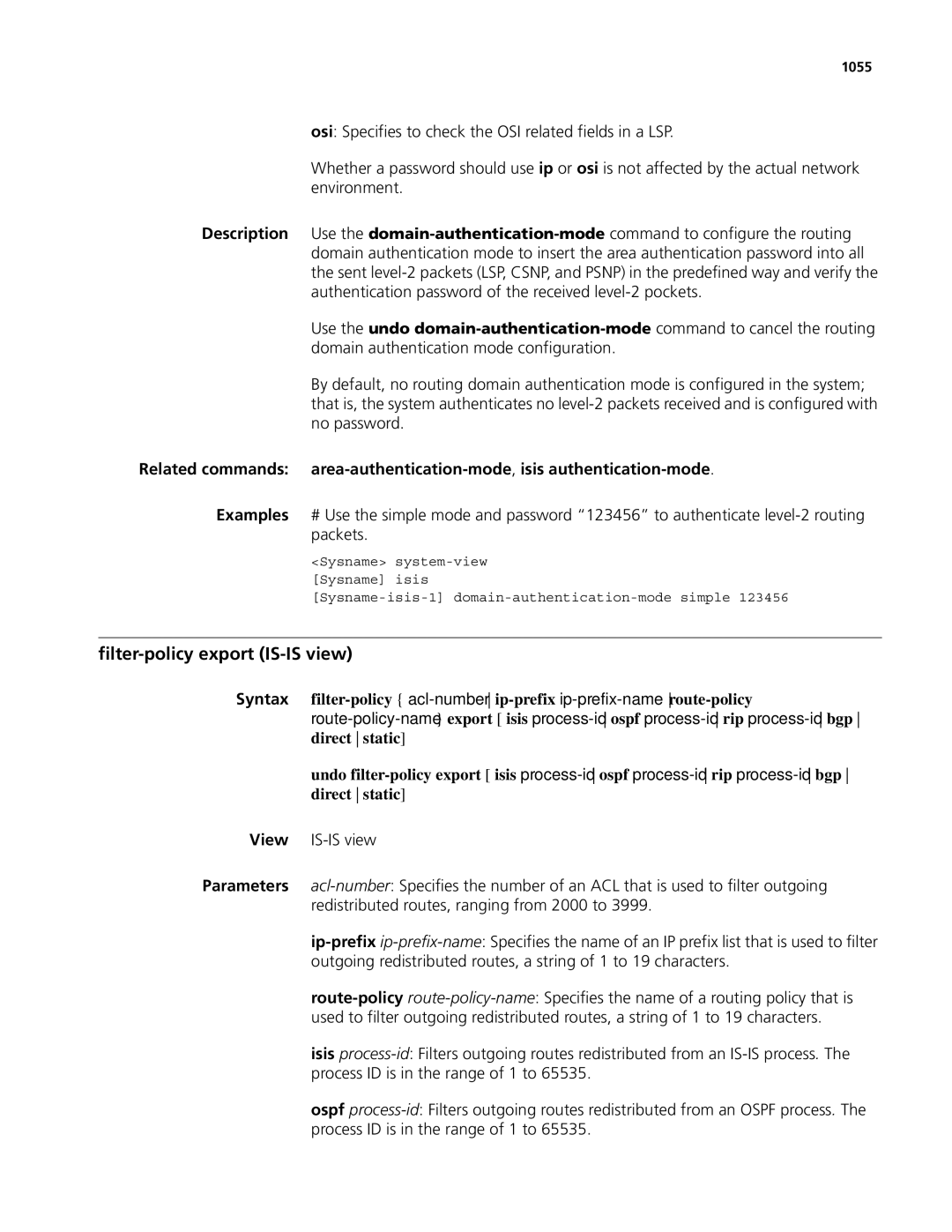 3Com MSR 50, MSR 30 manual Filter-policy export IS-IS view, 1055 