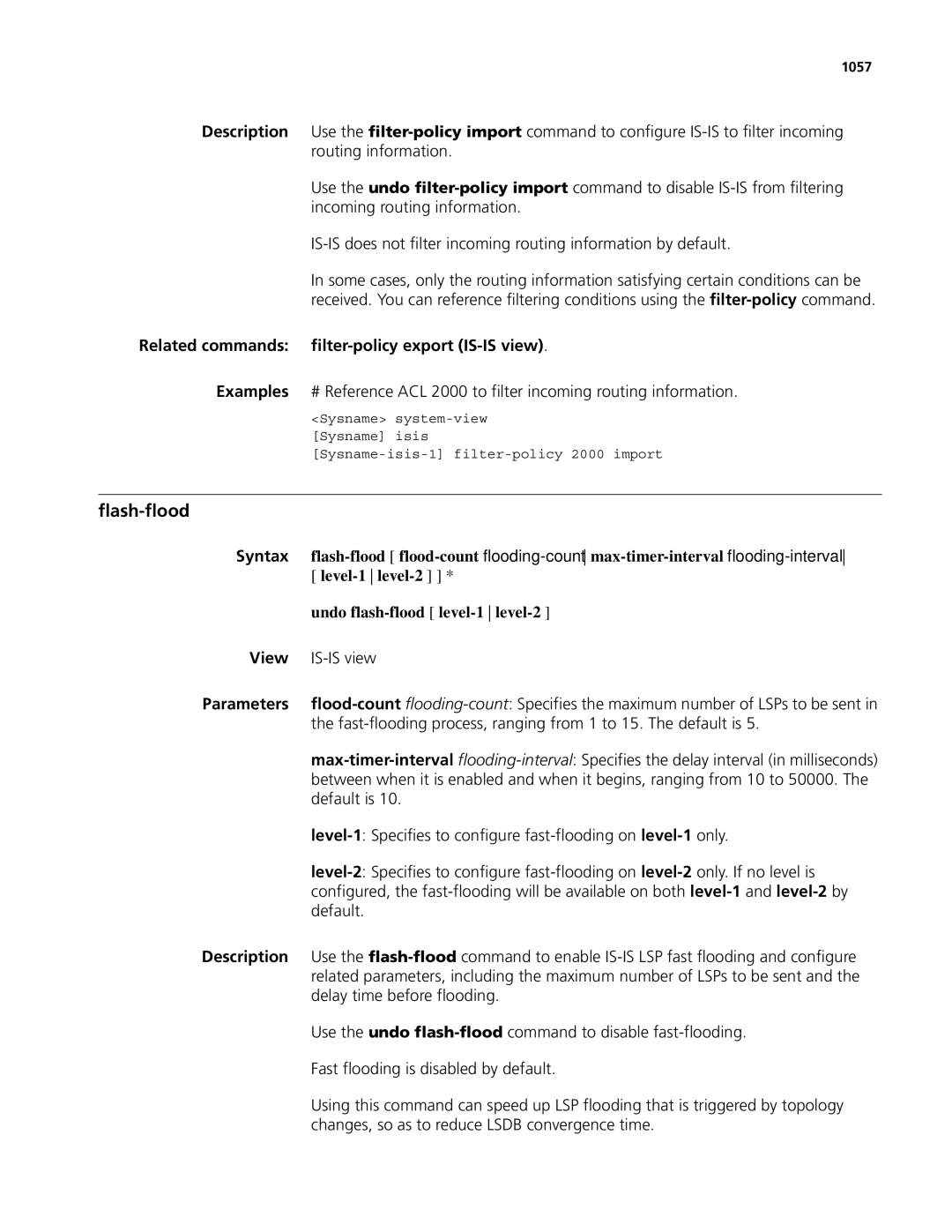 3Com MSR 50, MSR 30 manual Flash-flood, Related commands filter-policy export IS-IS view, Level-1 level-2 